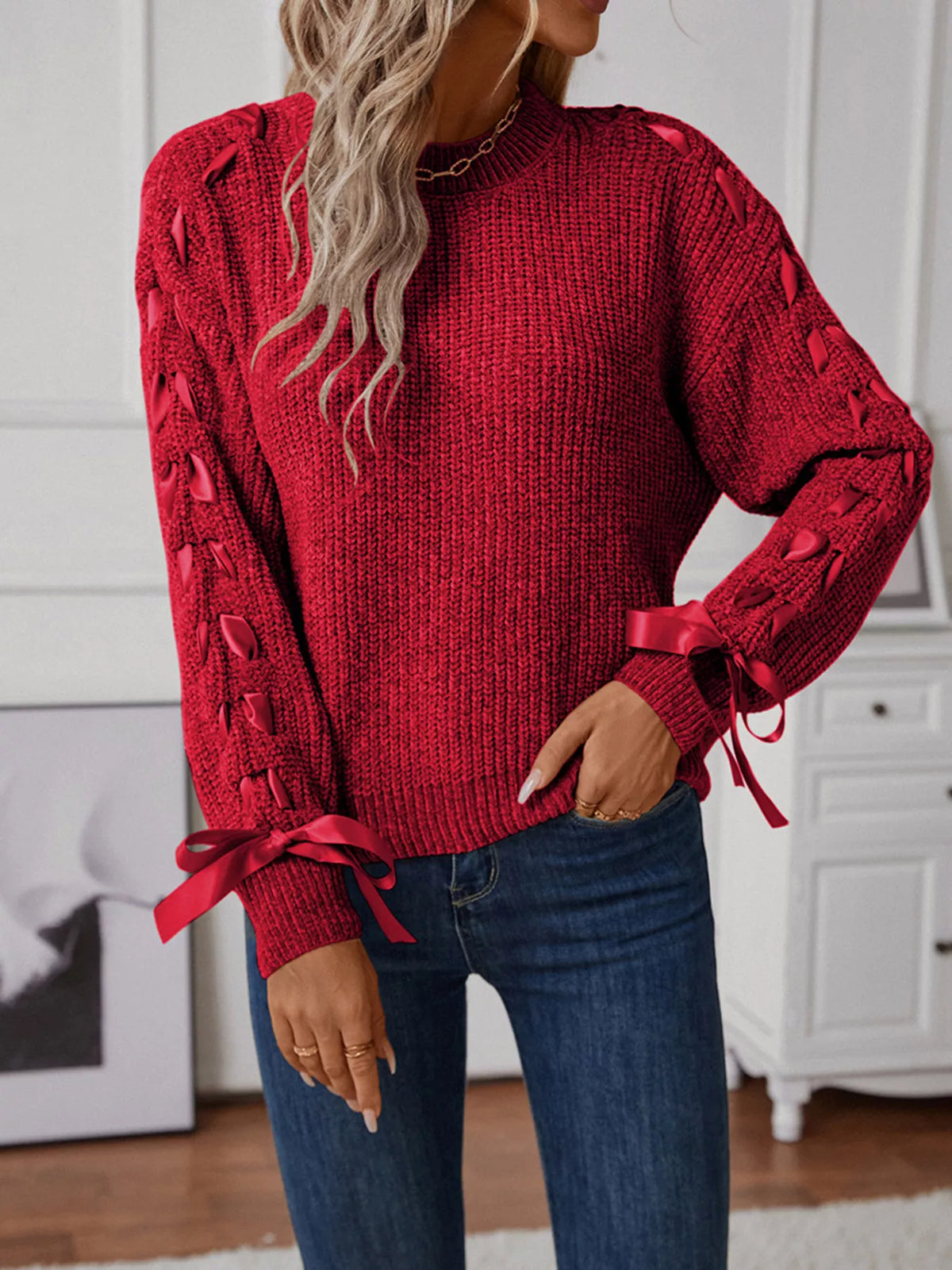 Ribbon tie sleeve round neck sweater, flat lay detail