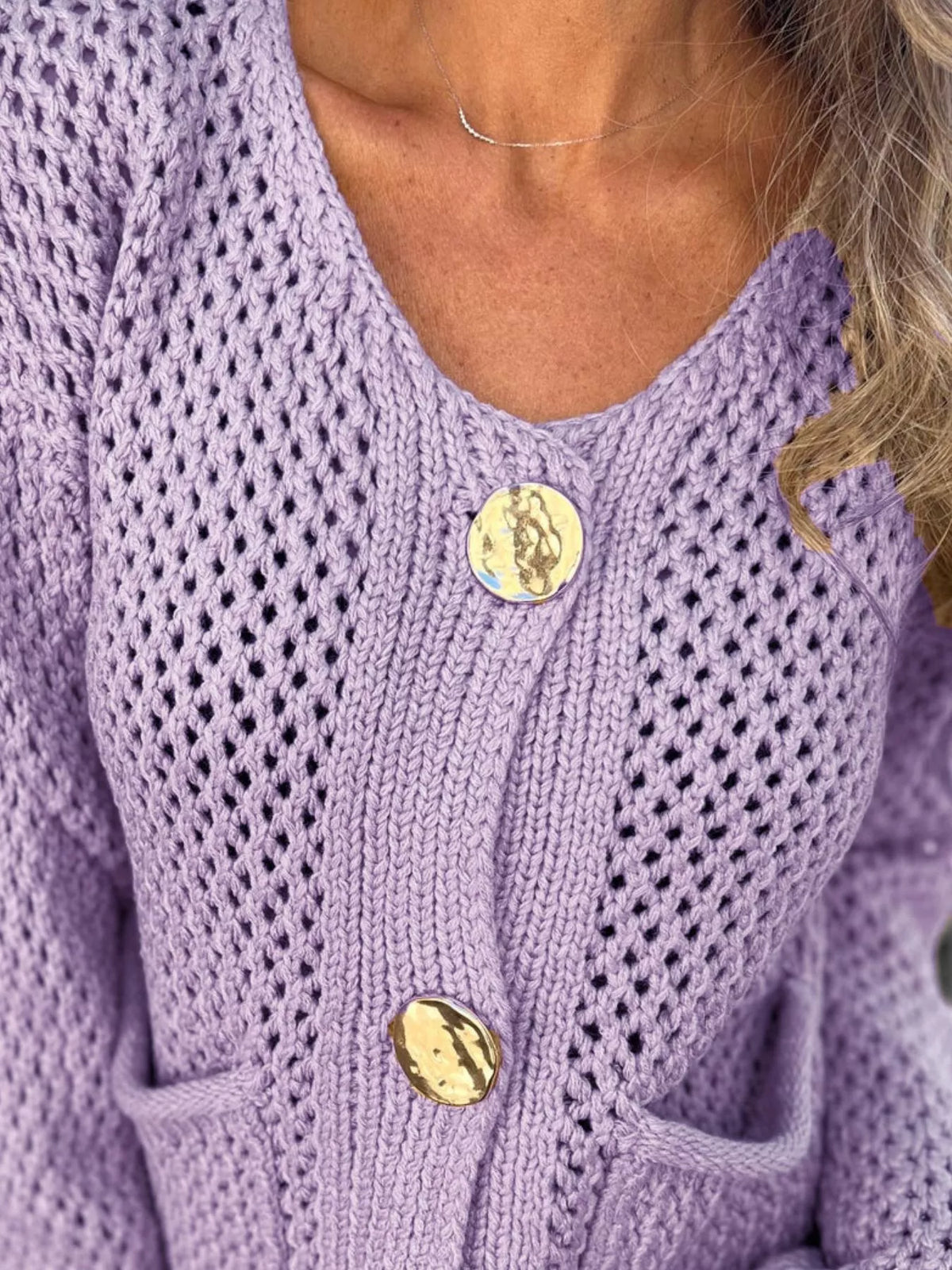 crochet button up cardigan side view