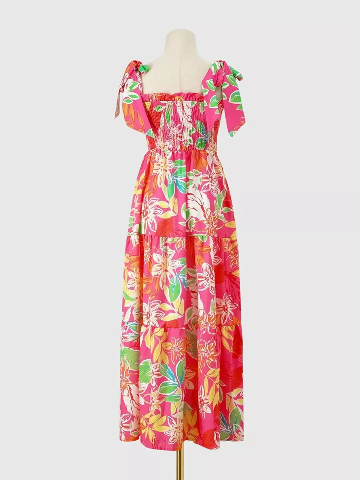 Tropical print smocked tie strap dress full length view