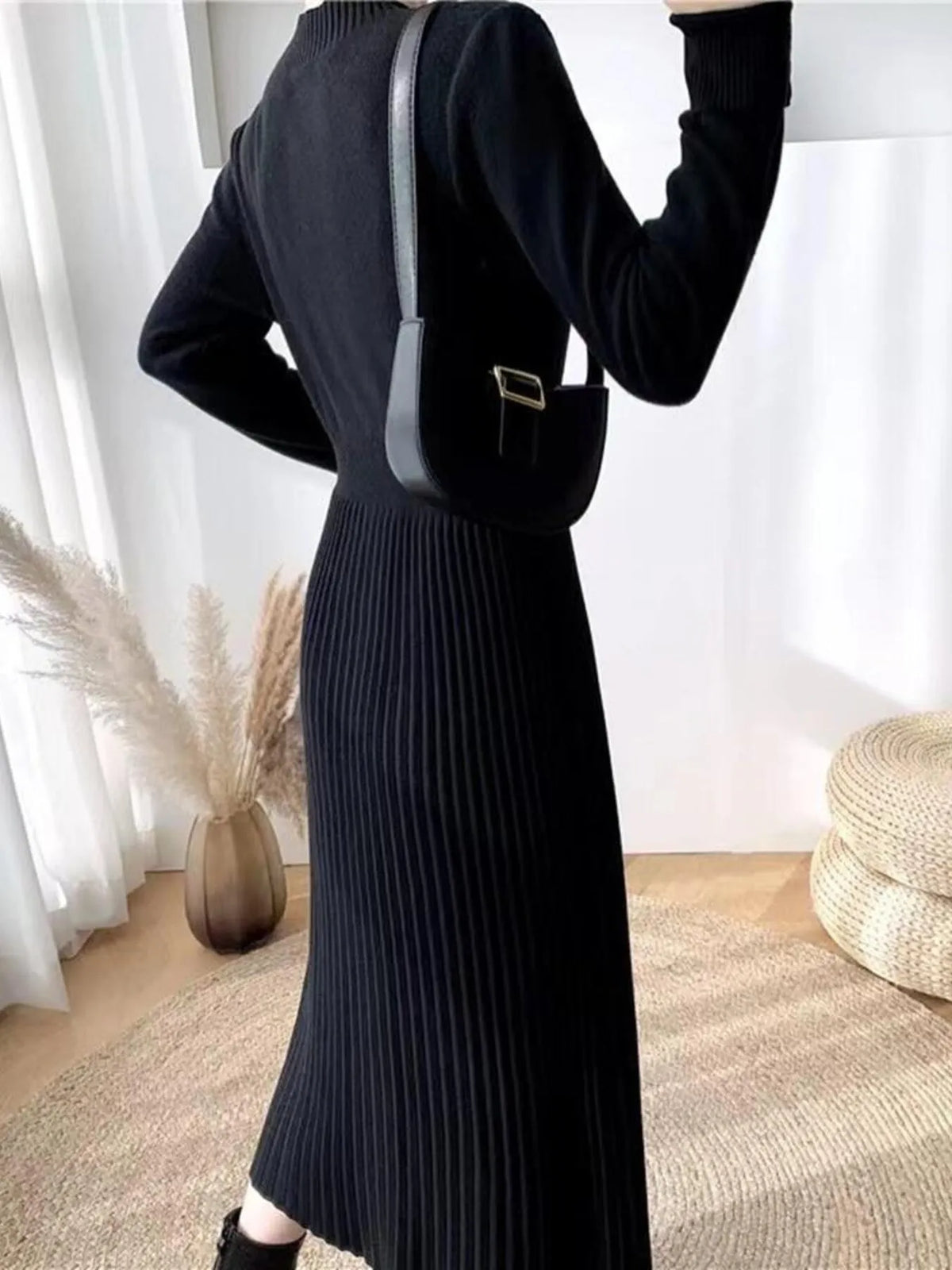 Mock neck slit front knit dress side view