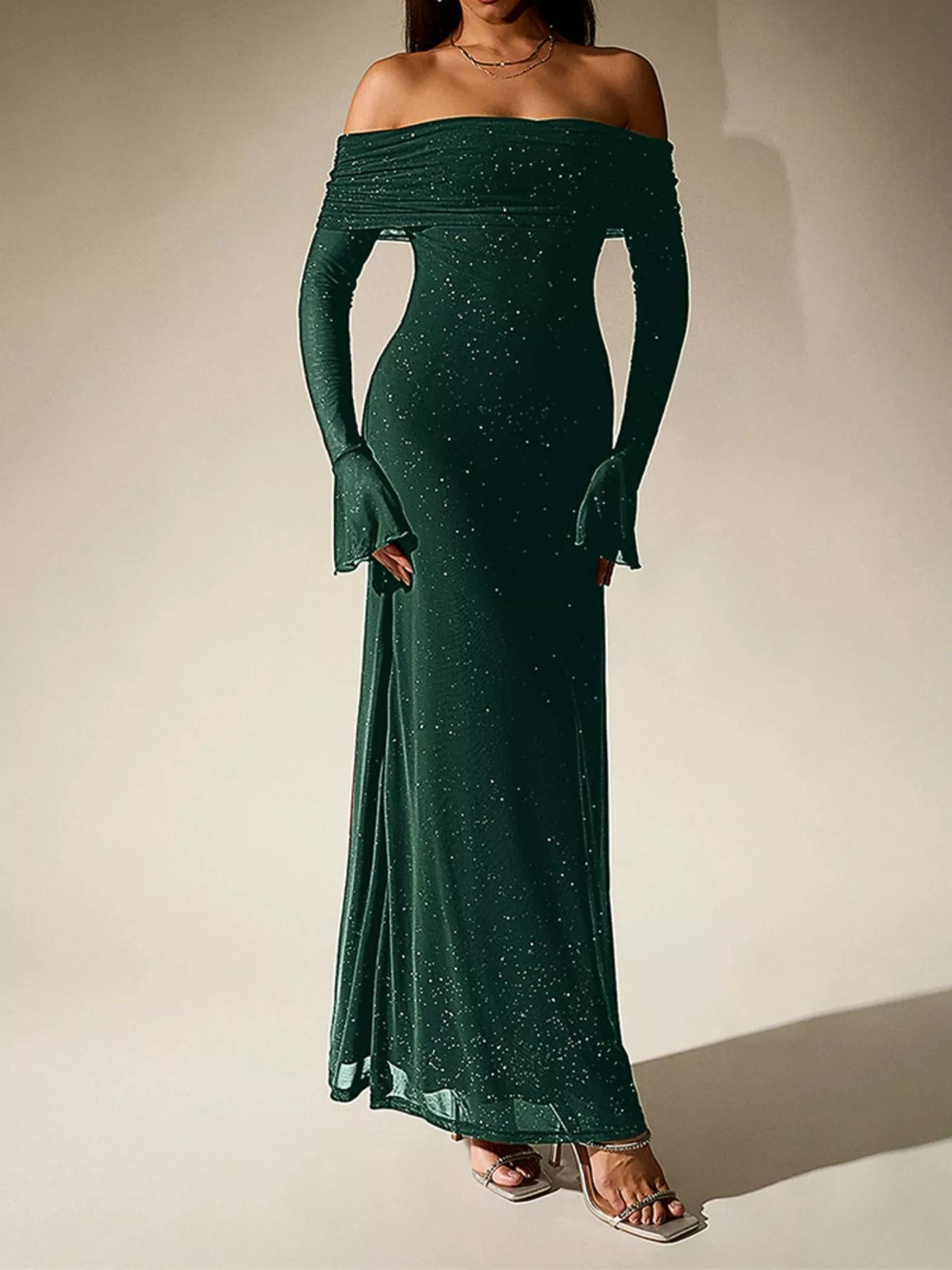 glitter off shoulder maxi dress three quarter angle