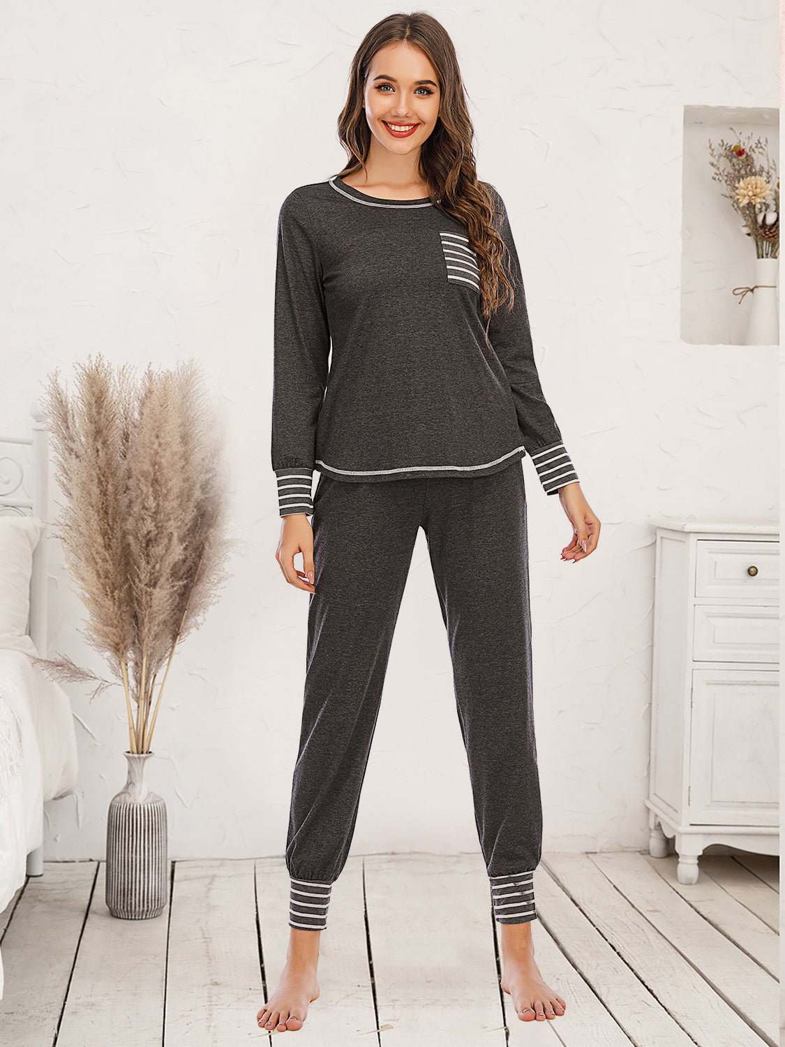Round Neck Top and Pants Lounge Set Charcoal - Fashorio