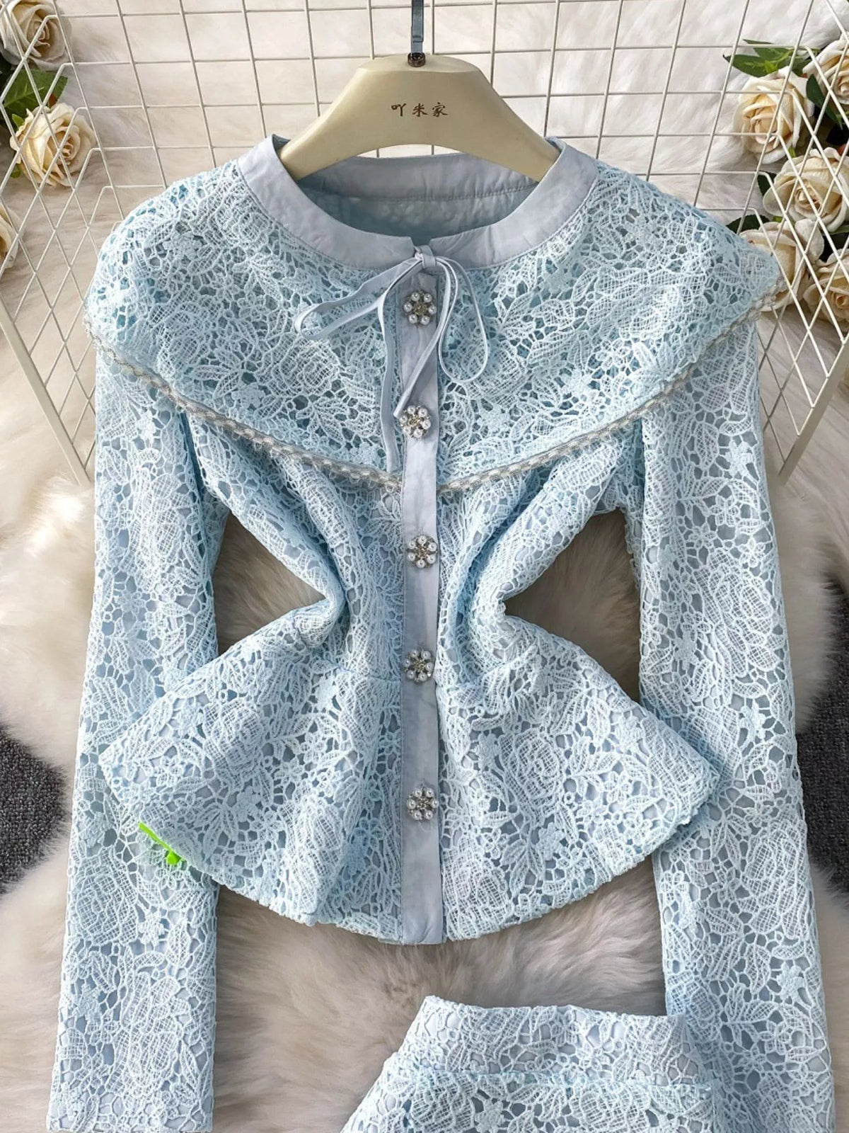 Pastel lace button up top and skirt set styled