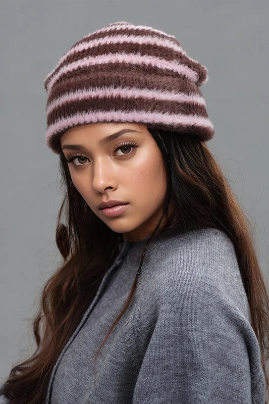 Fuzzy Contrast Striped Thermal Hat Brown Pink One Size - Fashorio