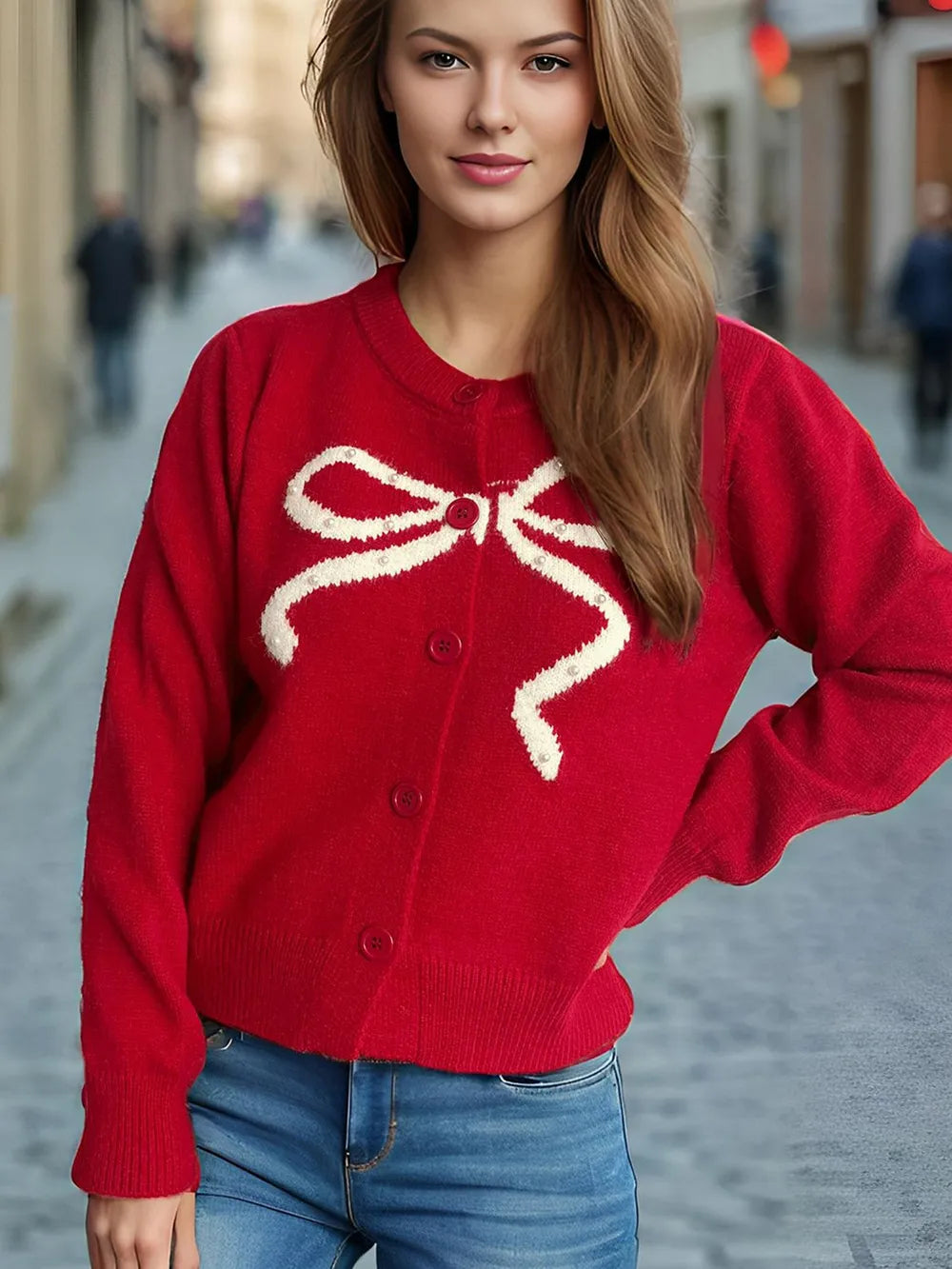 Bow Button Down Round Neck Cardigan - Fashorio