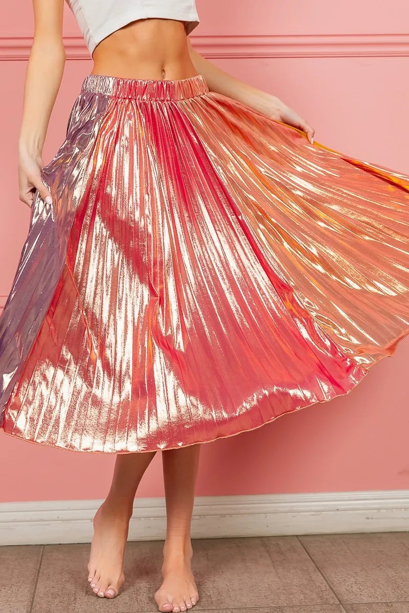 BiBi Metallic Color Block Pleats Midi Skirt - Fashorio