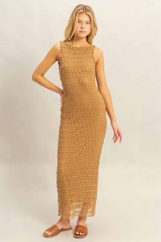 Crochet open back sleeveless maxi dress front view