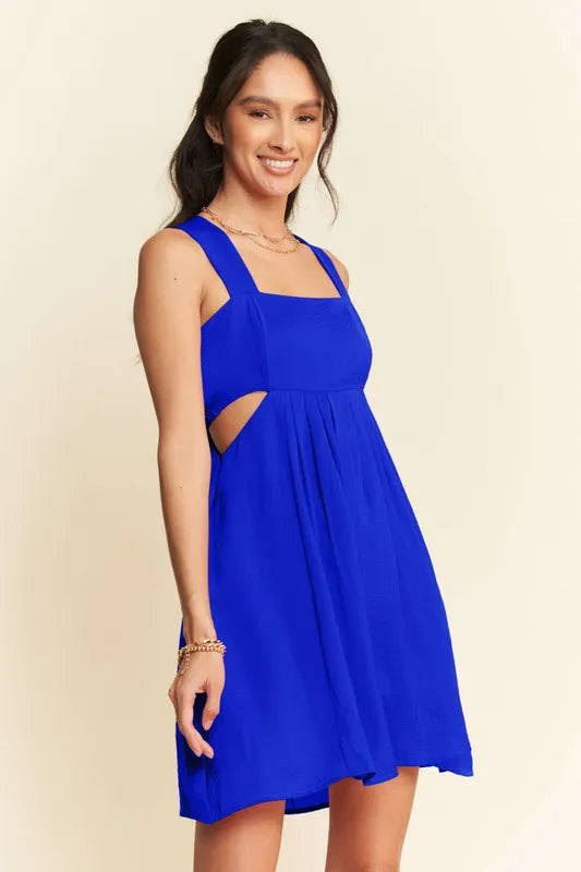 Satin Cut Out Bandeau Mini Dress in Cobalt side view