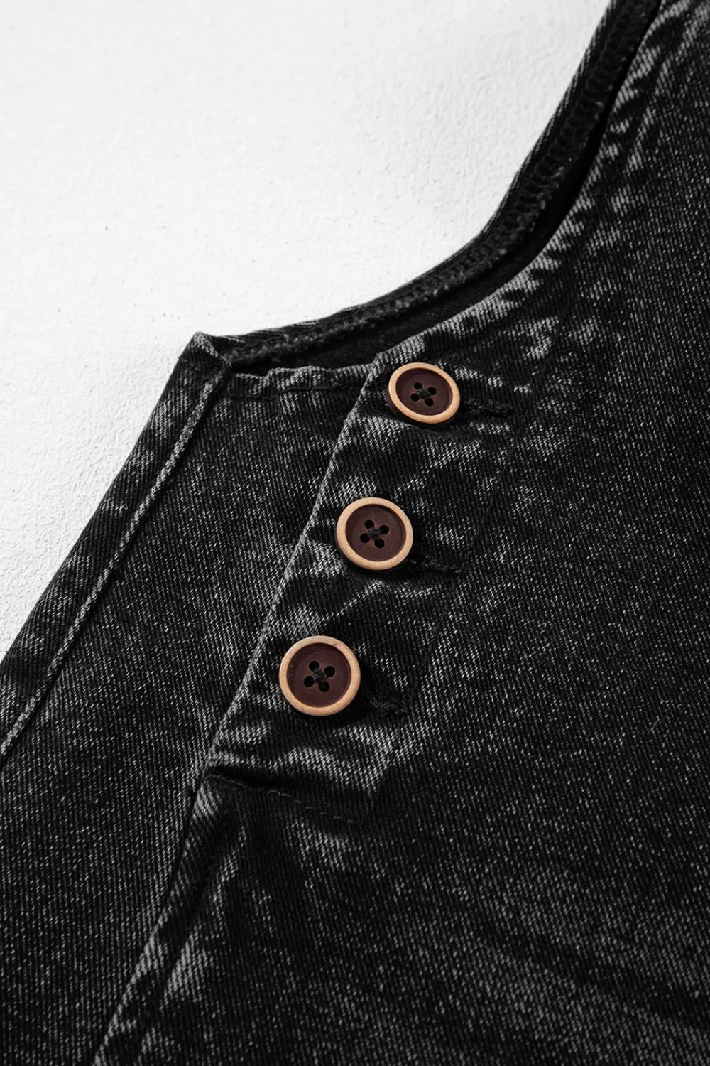 Distressed black denim overalls full length styling