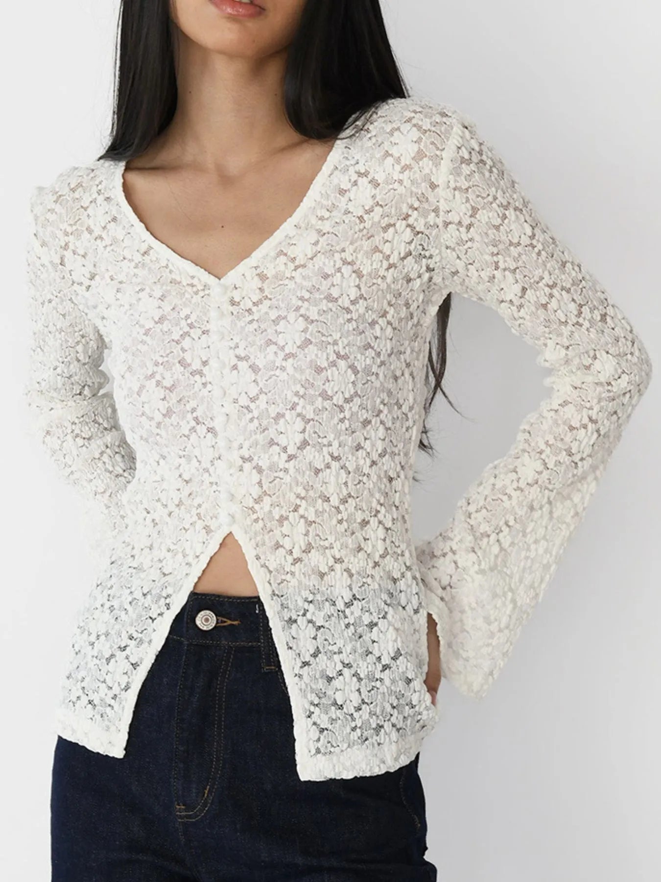 Lace V-Neck Flare Sleeve T-Shirt - Fashorio