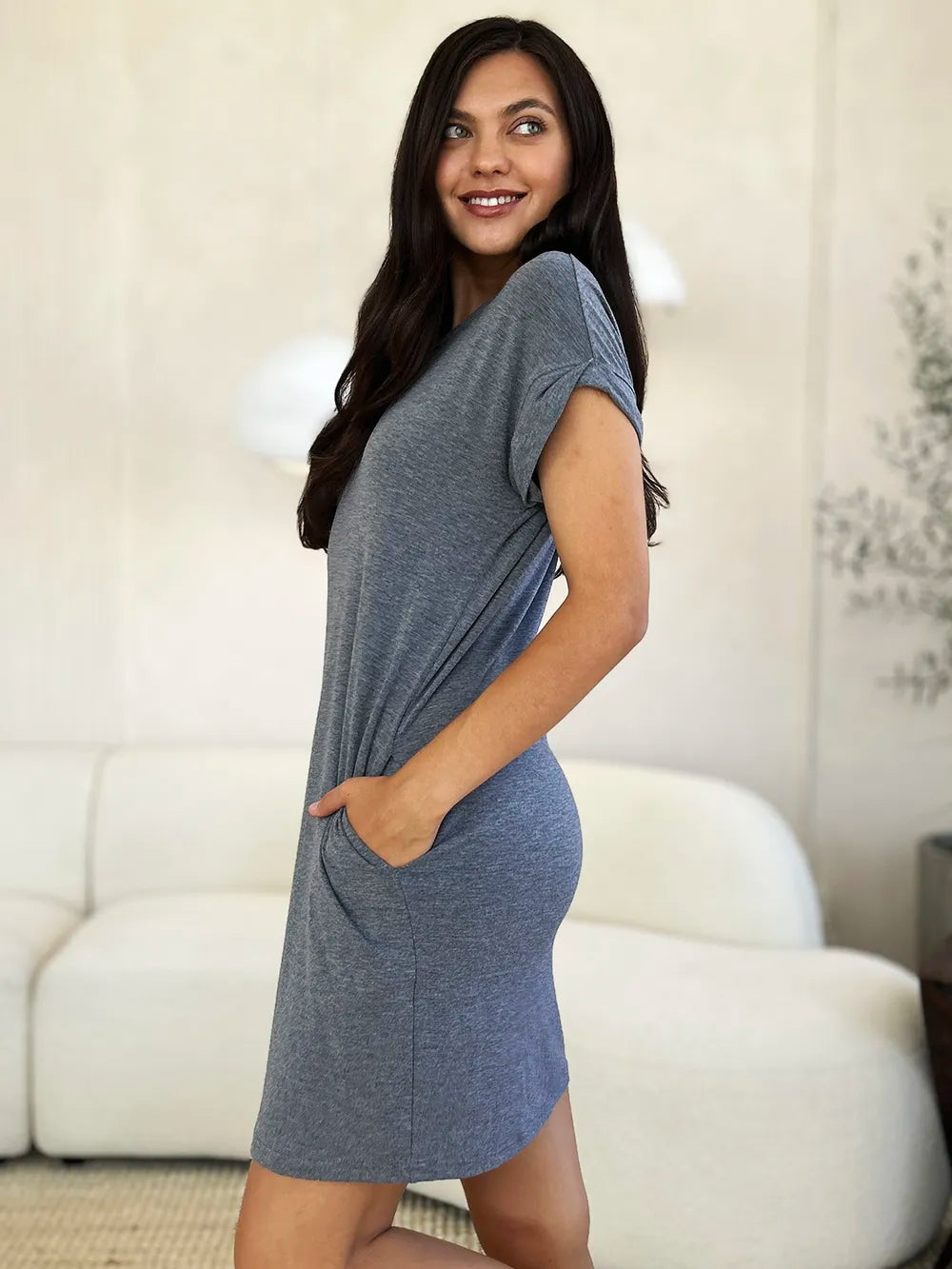 Basic Bae Full Size Round Neck Short Sleeve Dress with Pockets - Fashorio