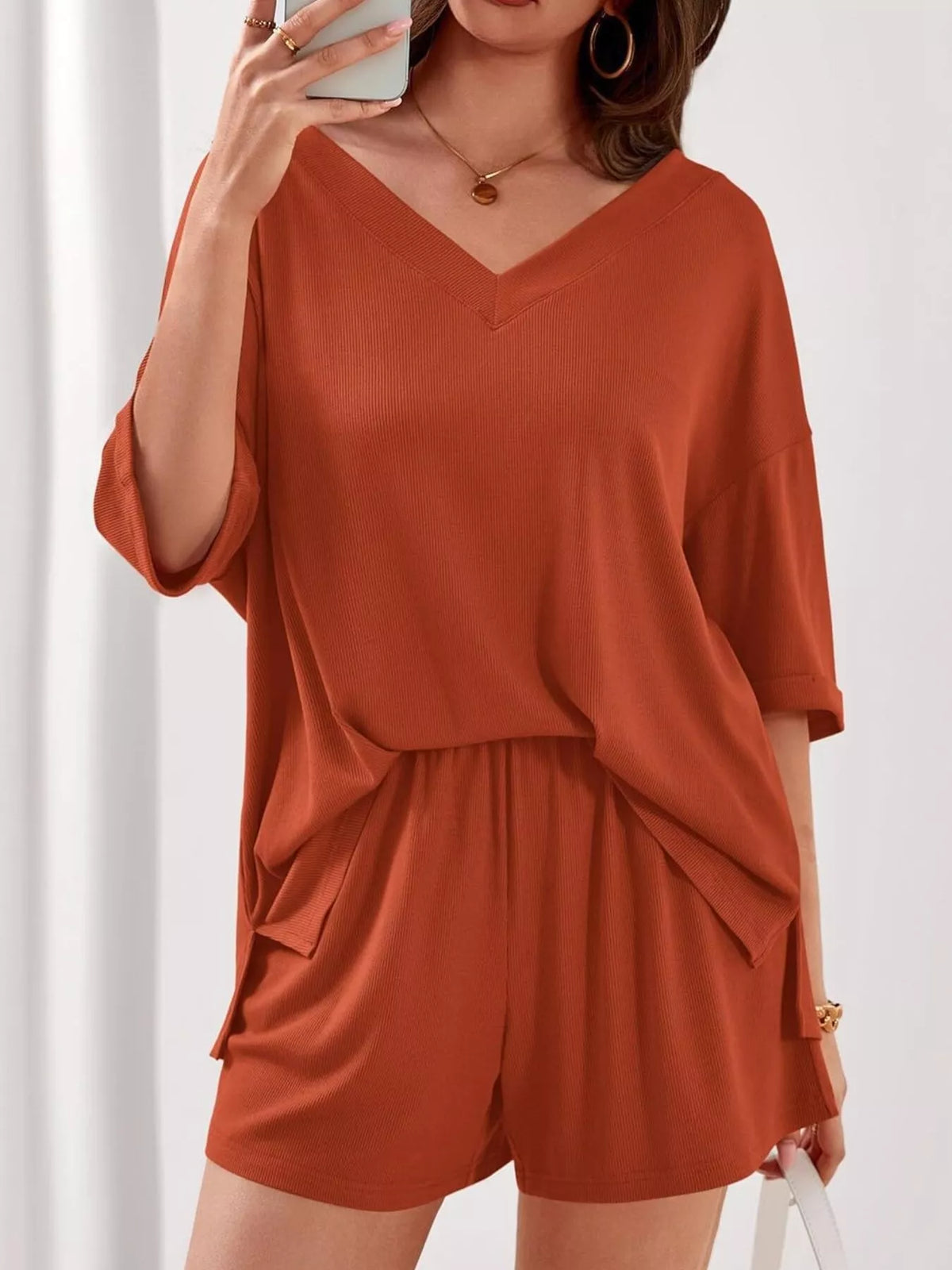 V Neck Top and Shorts Two Piece Set, view 8