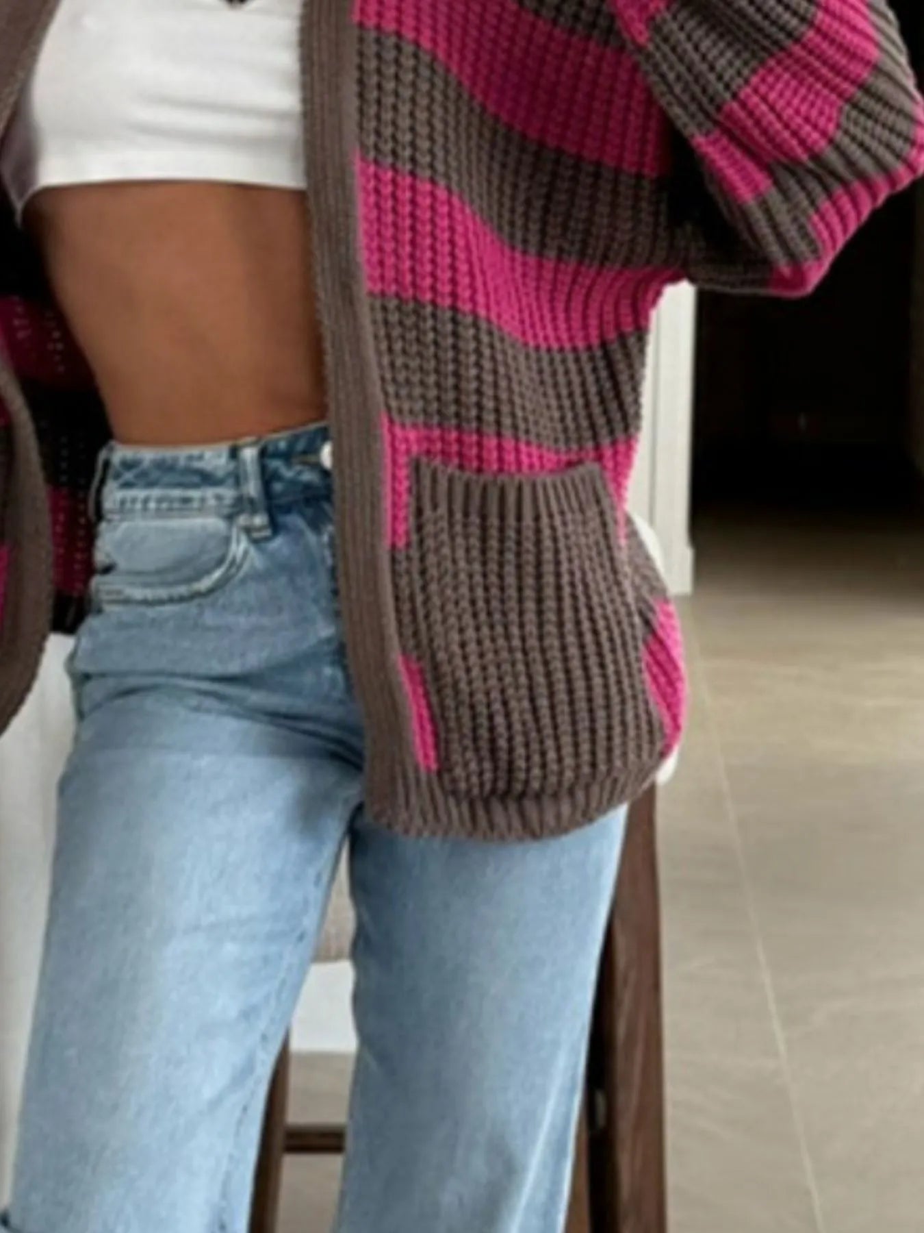 Striped Open Front Long Sleeve Cardigan - Fashorio