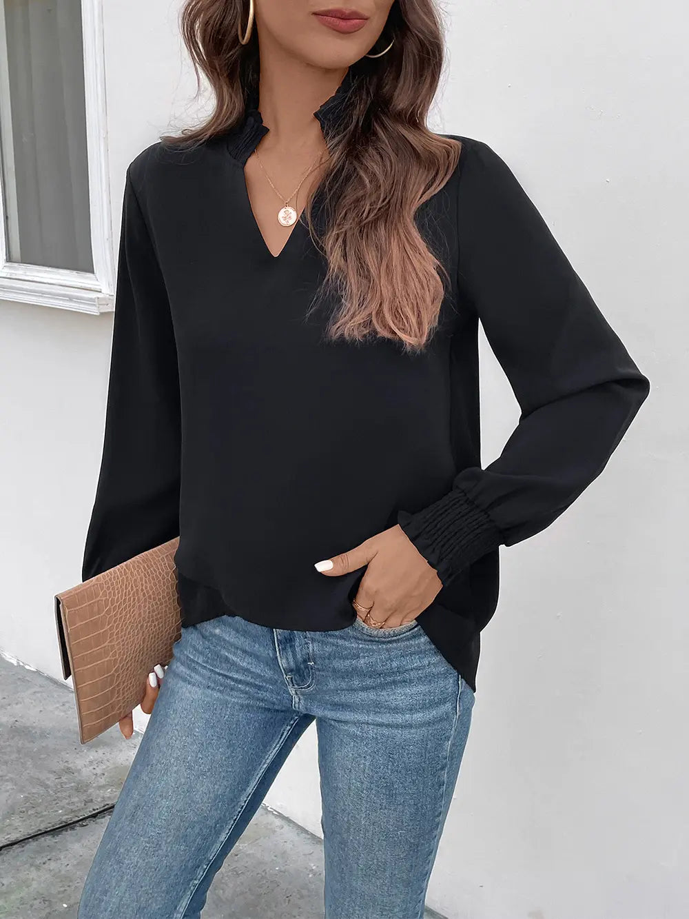Perfee Smocked Notched Long Sleeve Blouse - Fashorio