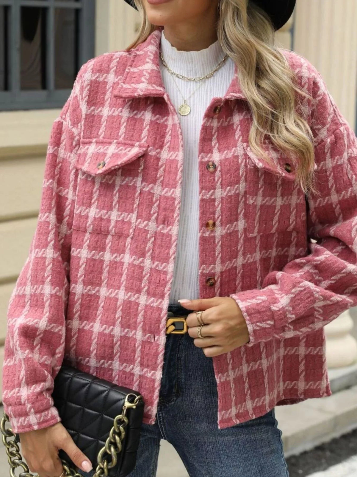 Plaid Button Up Jacket in White and Red view 8