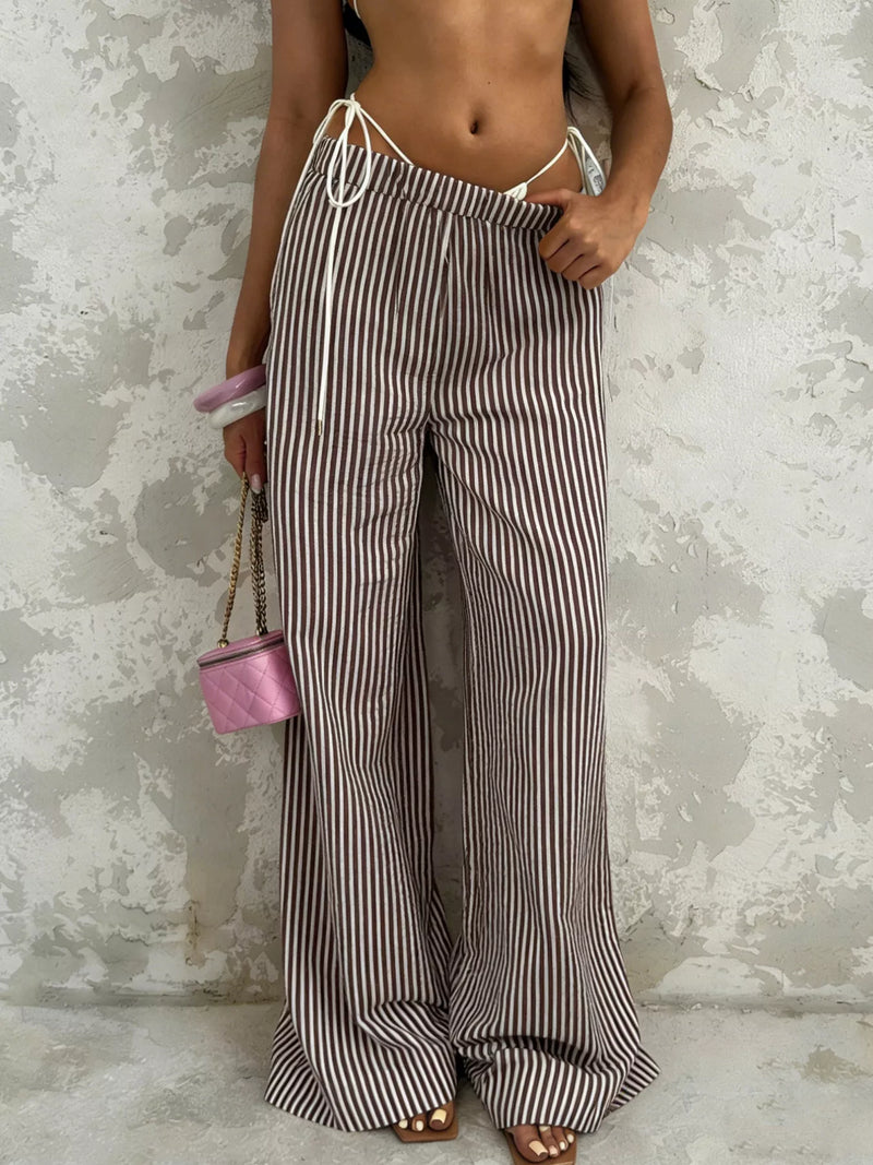 Brown striped tie waist wide leg pants front view