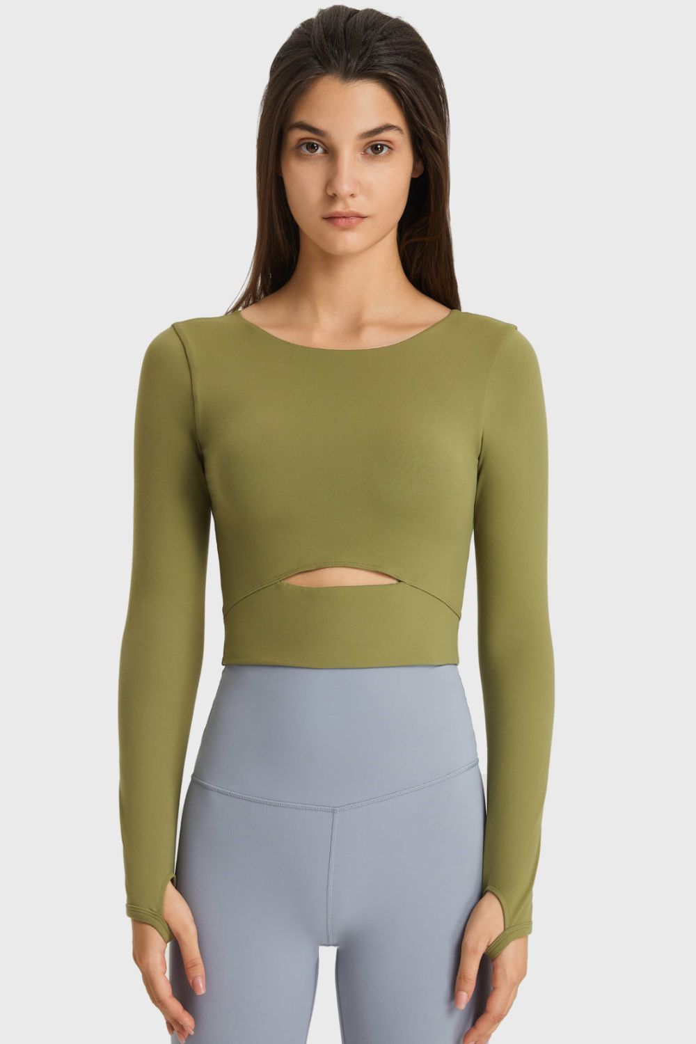 cutout long sleeve cropped sports top full length view