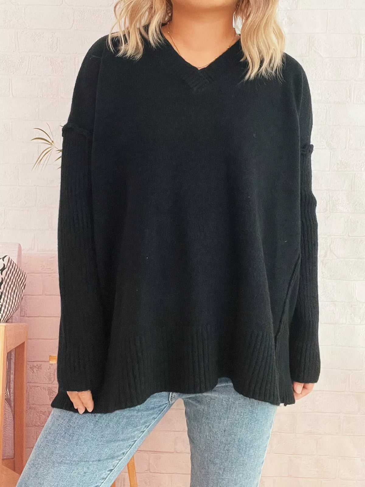 v neck dropped shoulder sweater close view
