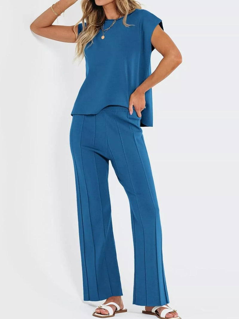 Cap sleeve top and pants knit set front view
