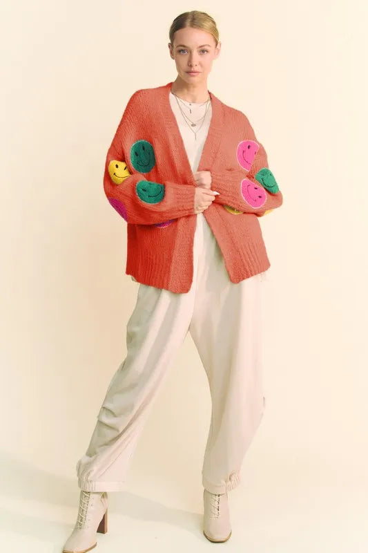Davi & Dani Fuzzy Smile Open Front Long Sleeve Cardigan - Fashorio
