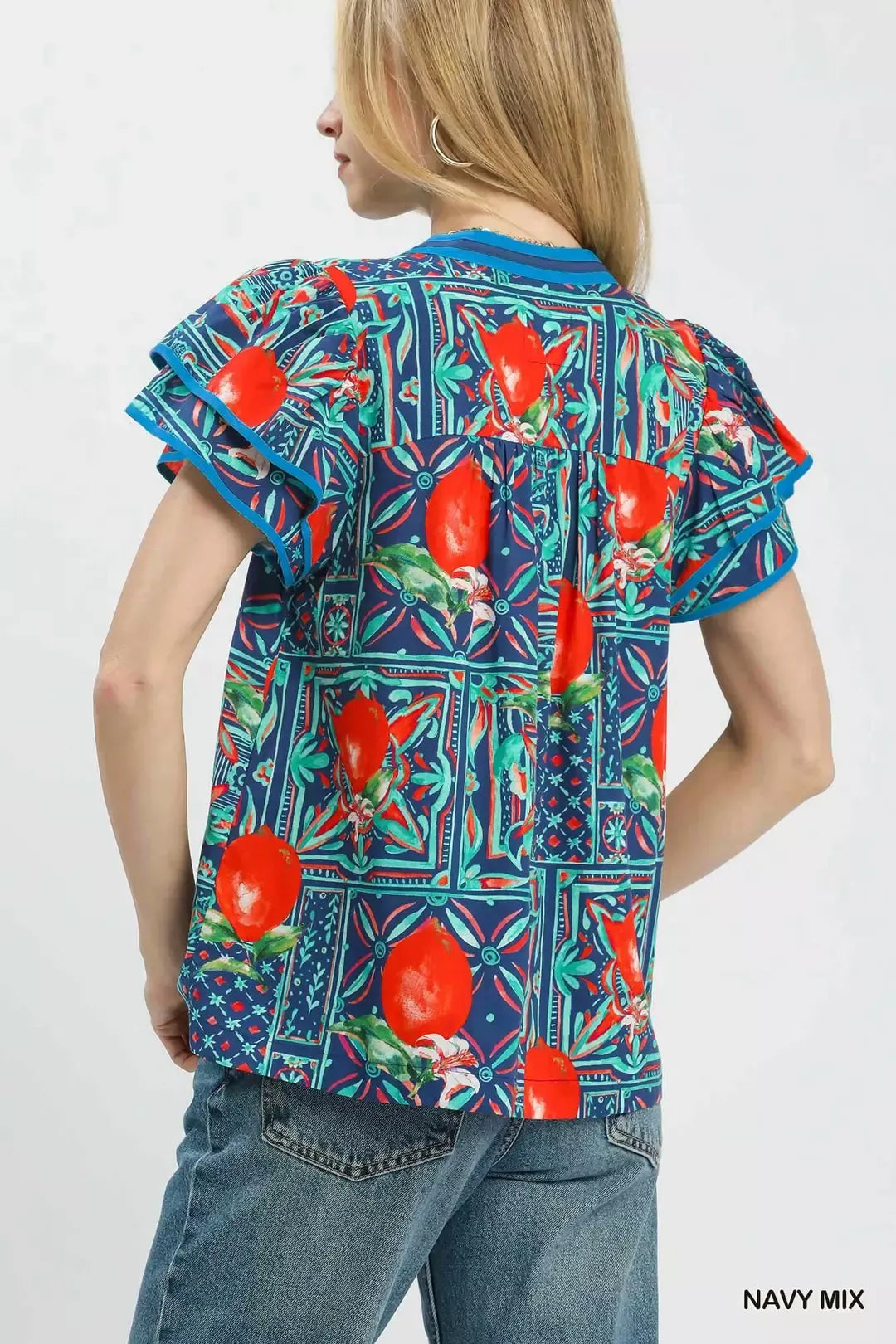 Navy print cotton blouse side view
