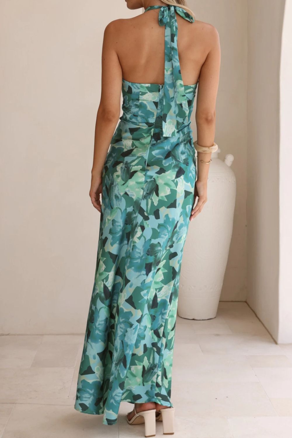 floral halter neck maxi dress with leg slit full length view