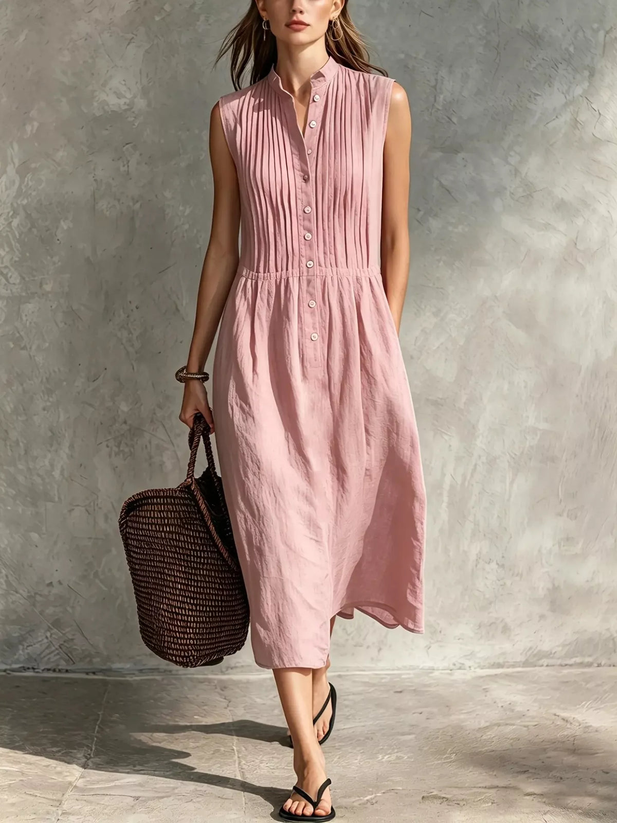 Sleeveless Button Front Midi Dress with Pockets, view 13