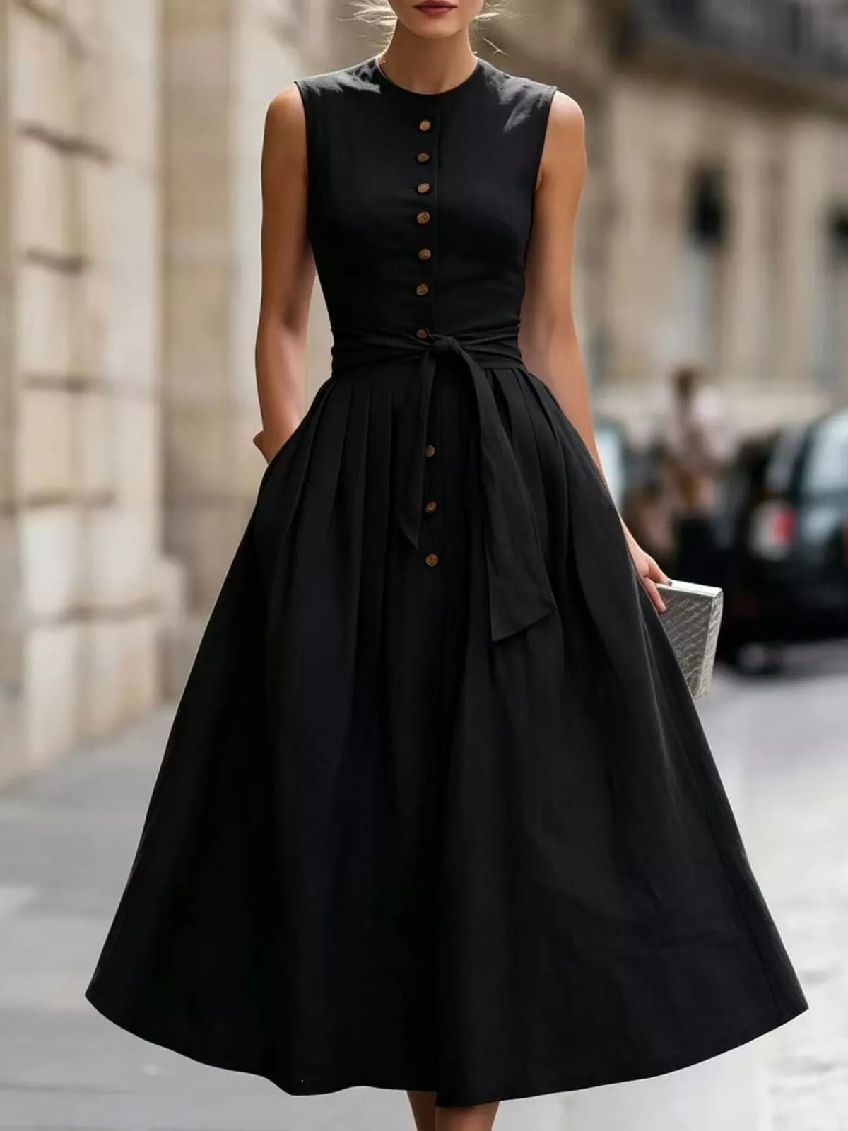 Midi dress shown in a soft peach tone