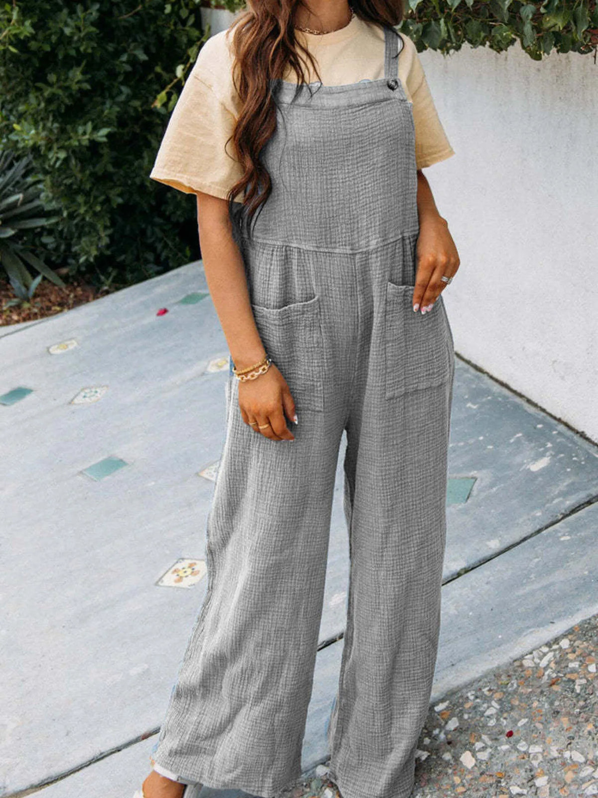 Casual Wide Leg Textured Overalls, view 12