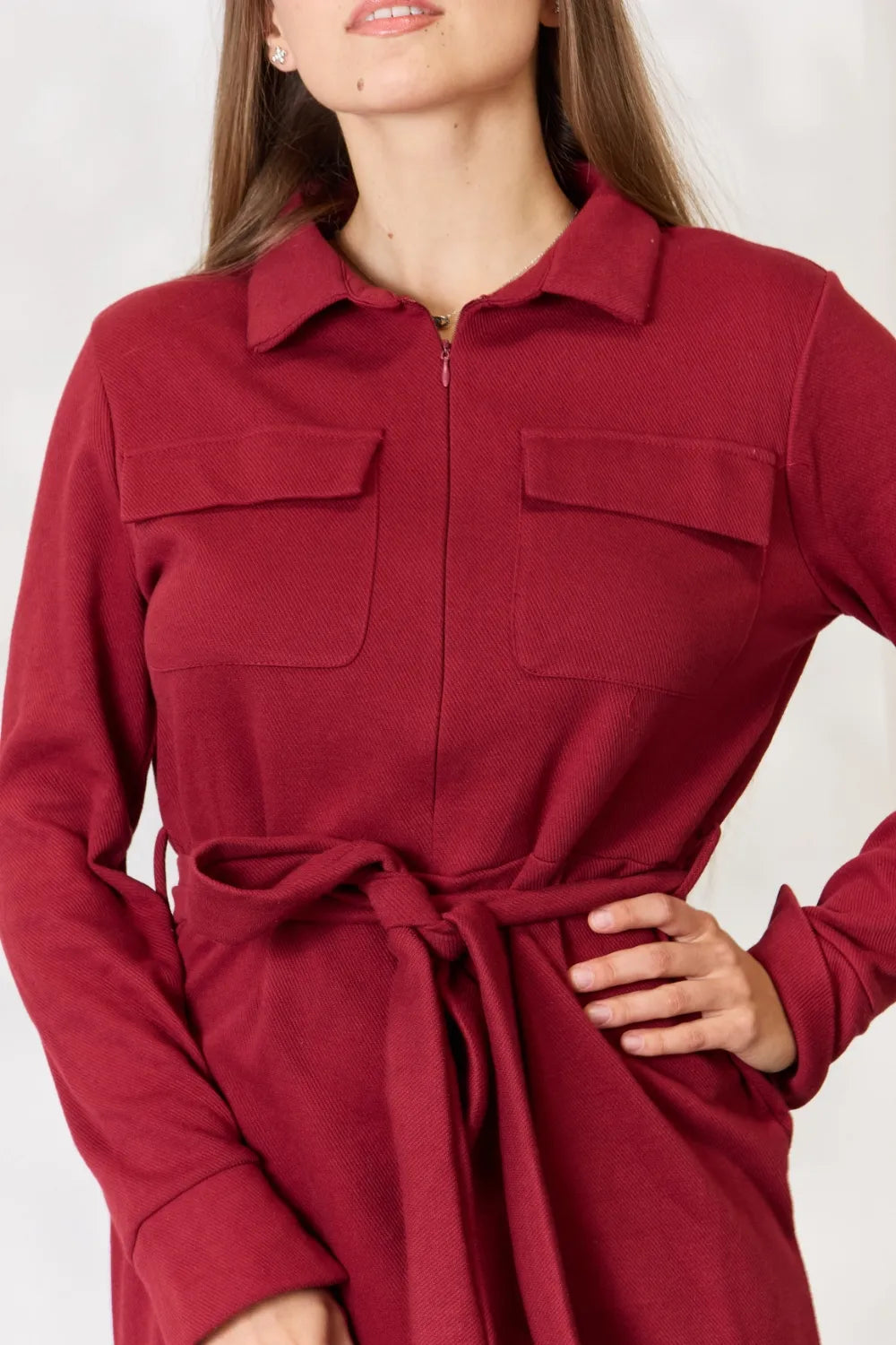 Tie Front Half Zip Long Sleeve Shirt Dress view 11