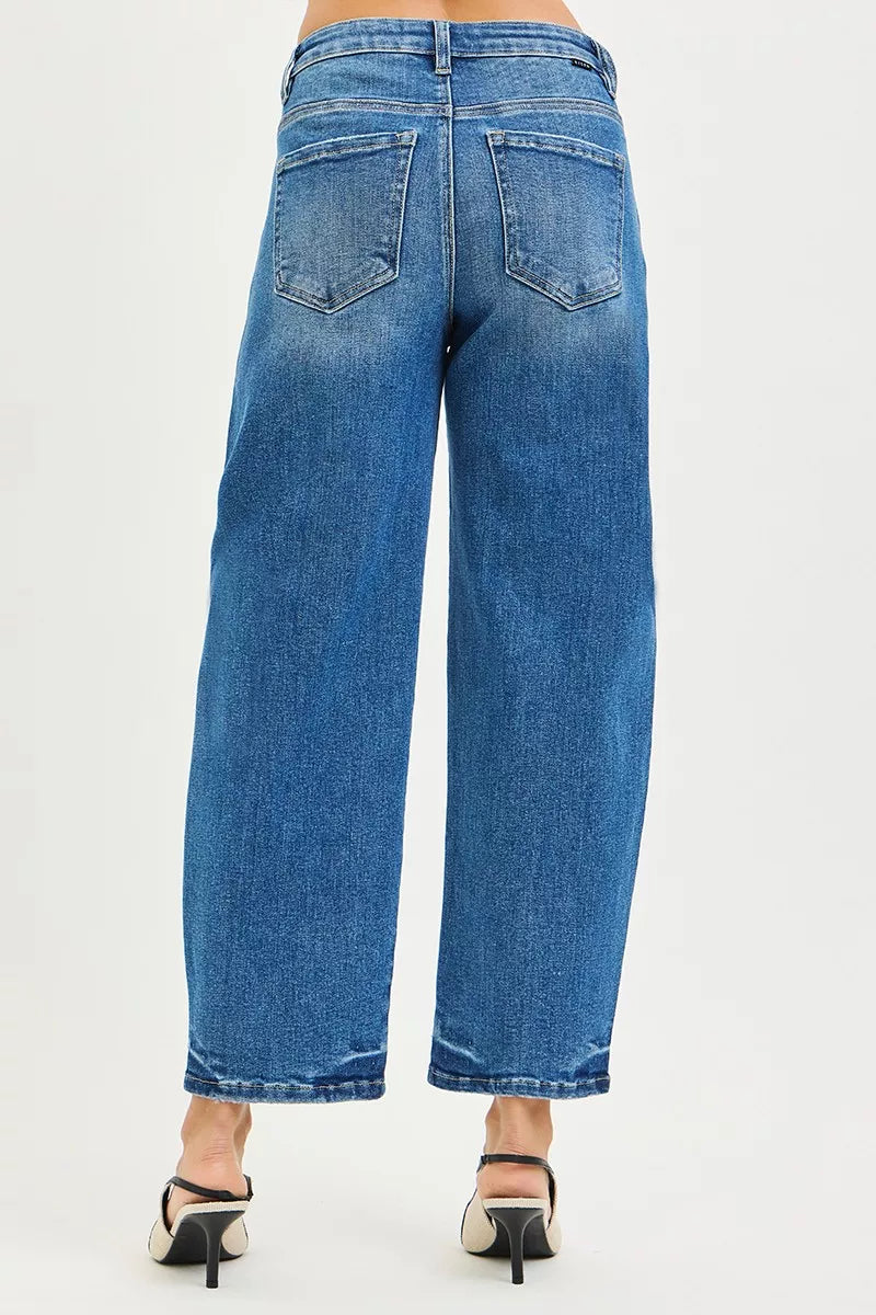 RISEN medium blue barrel jeans pocket detail