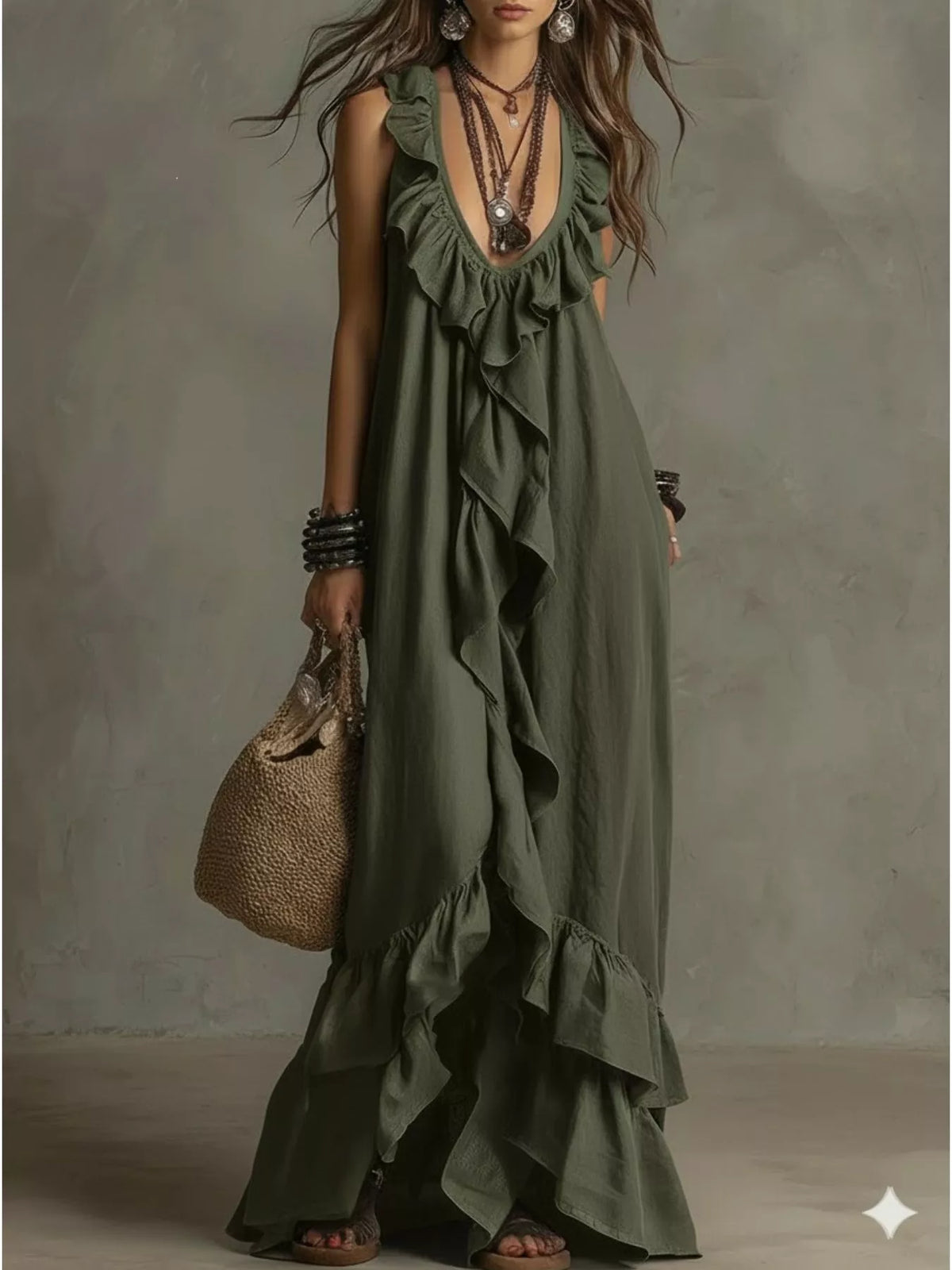 Ruffled sleeveless maxi dress back view