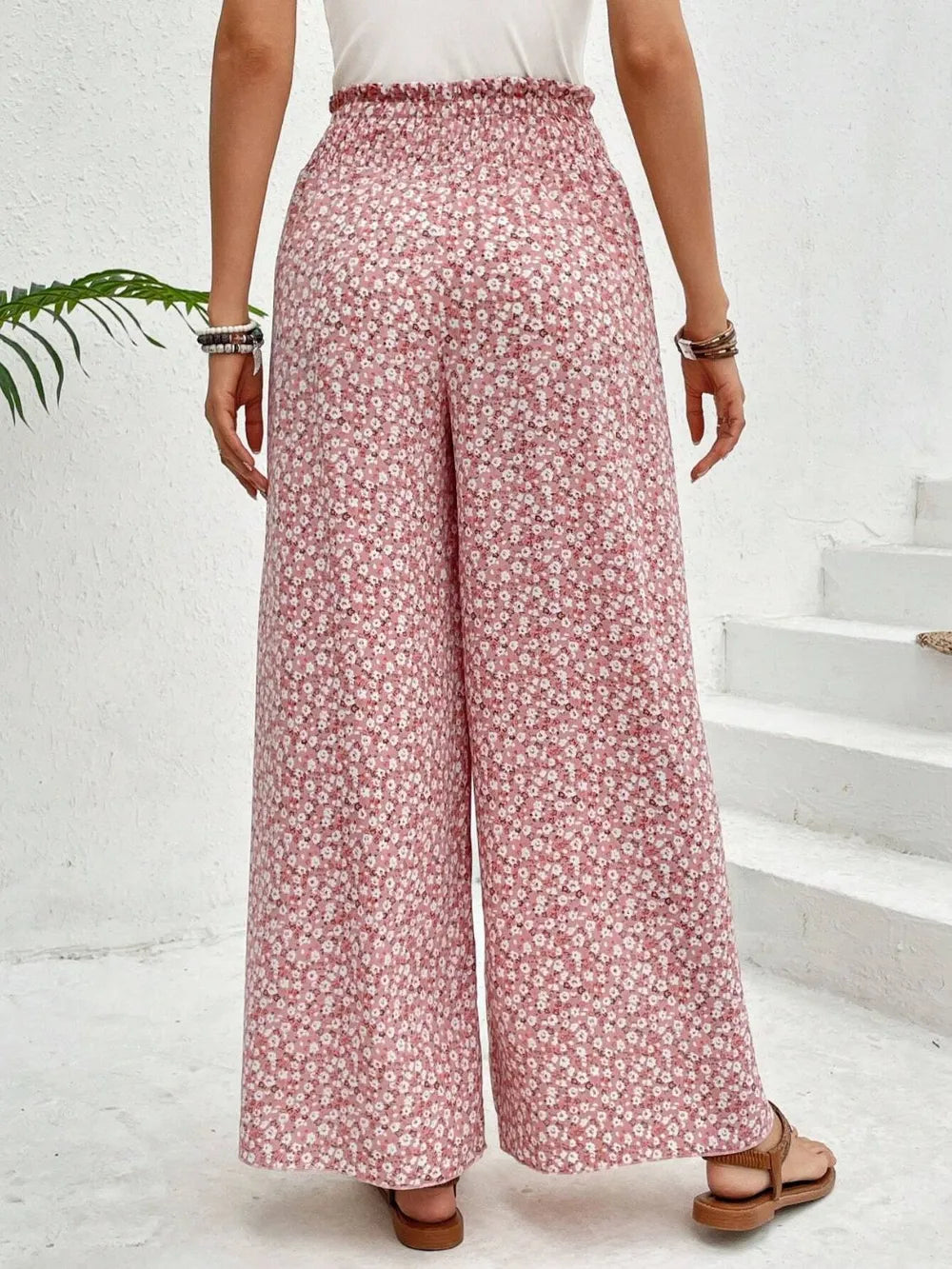 Tie waist wide leg pants side view