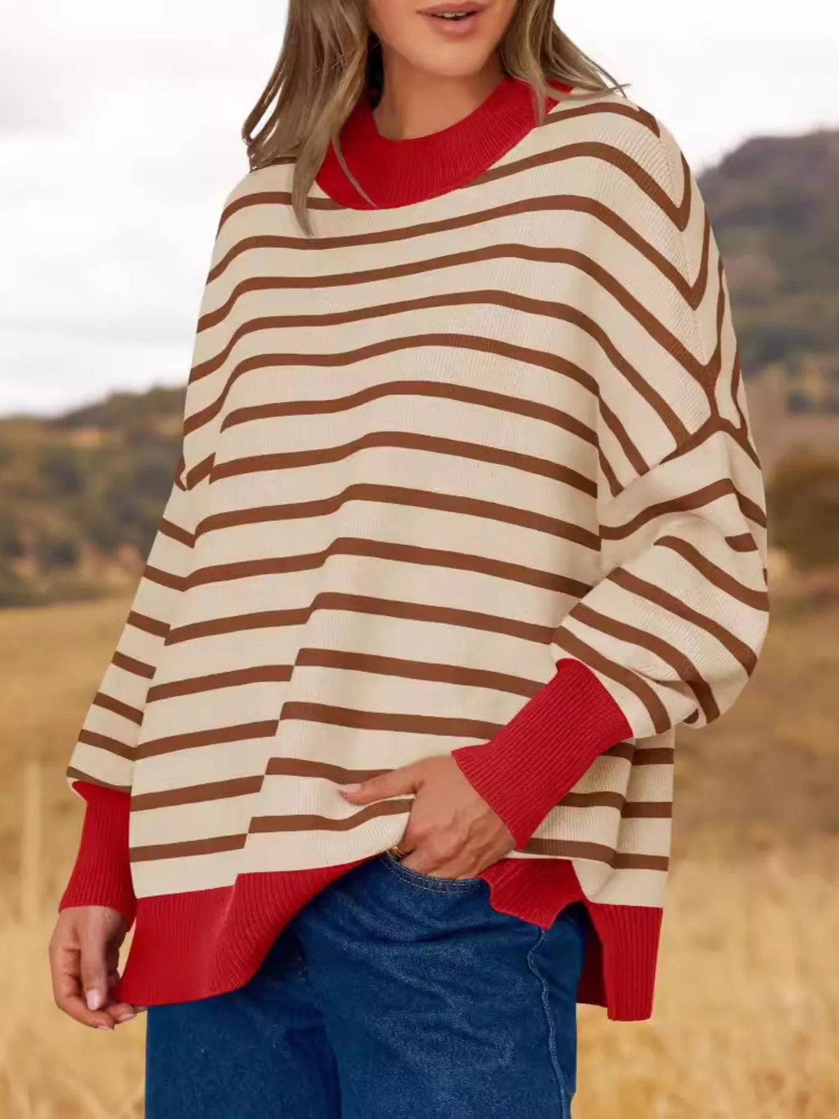 Striped round neck long sleeve sweater front view