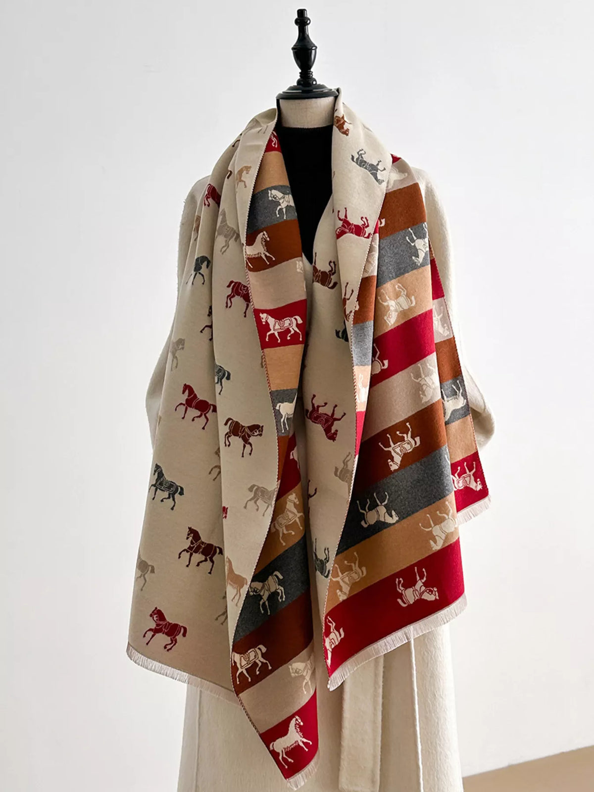 Close up of horse print pattern on cotton scarf