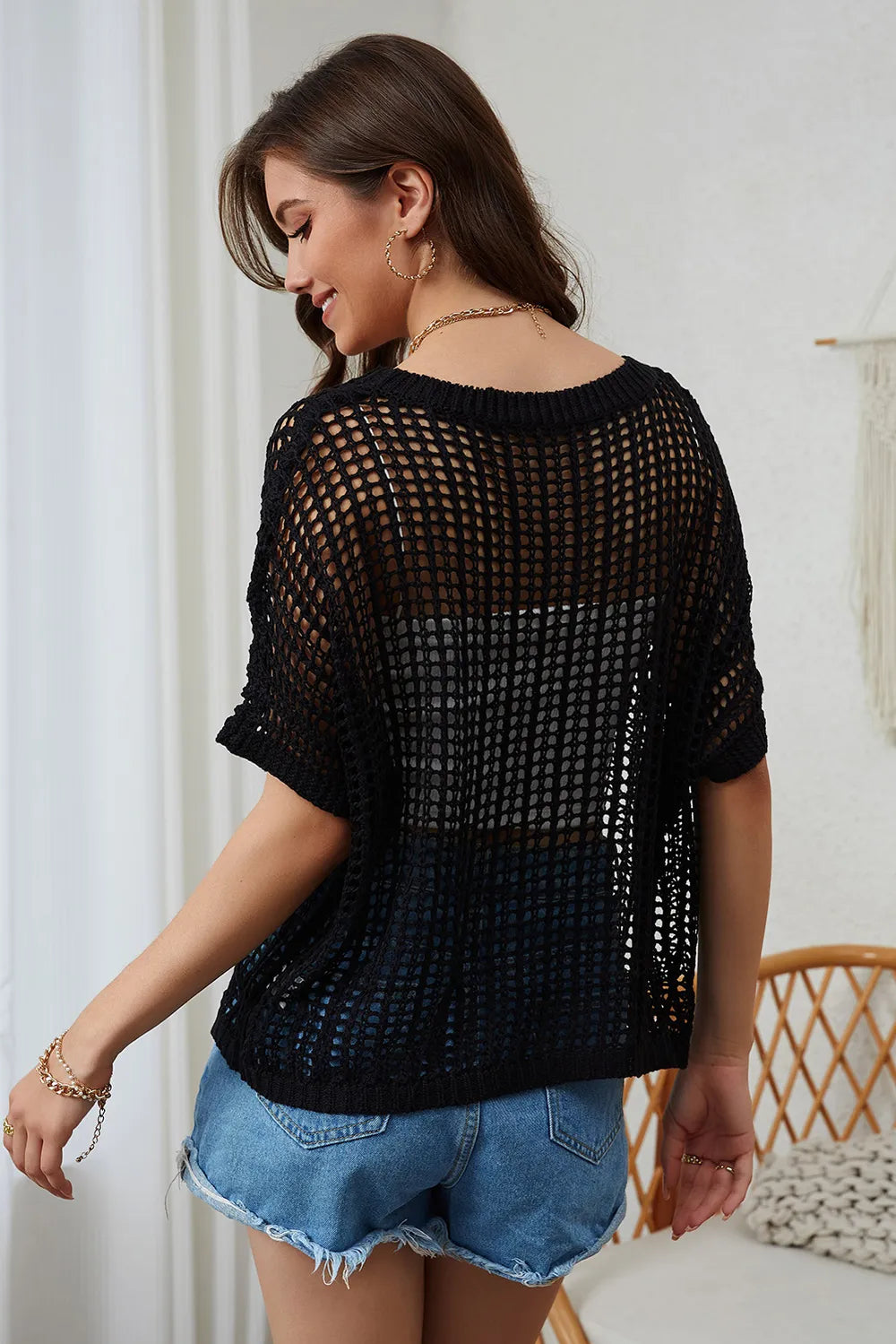 Openwork Round Neck Half Sleeve Knit Kimono Cover Up, view 19