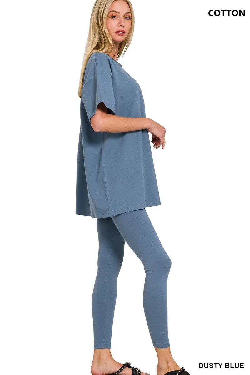 Zenana Cotton Round Neck Top & Legging Set - Fashorio