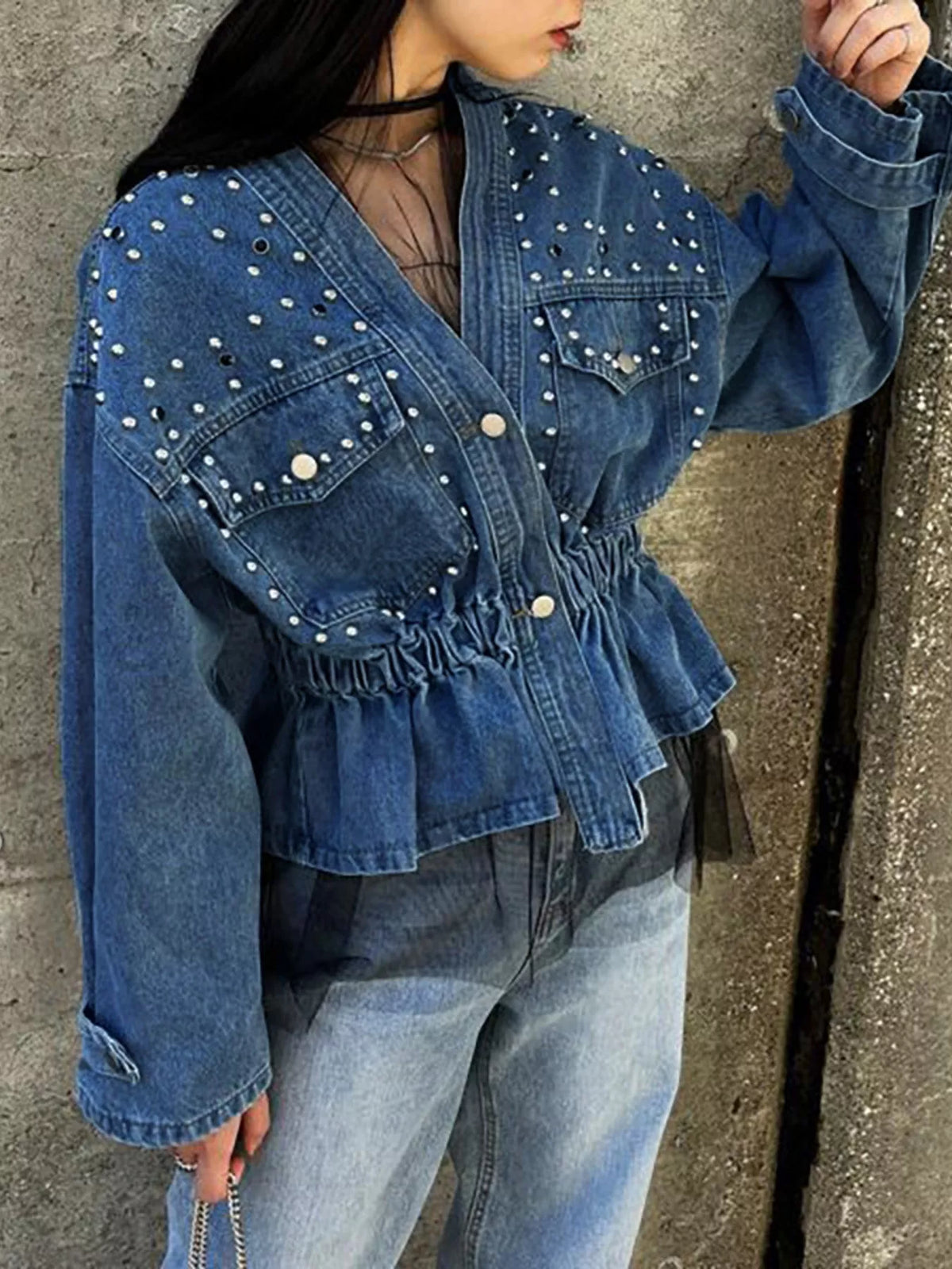 Studded Button Up Denim Jacket in Light Blue on model