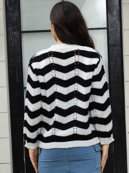 Openwork Striped V-Neck Sweater - Fashorio