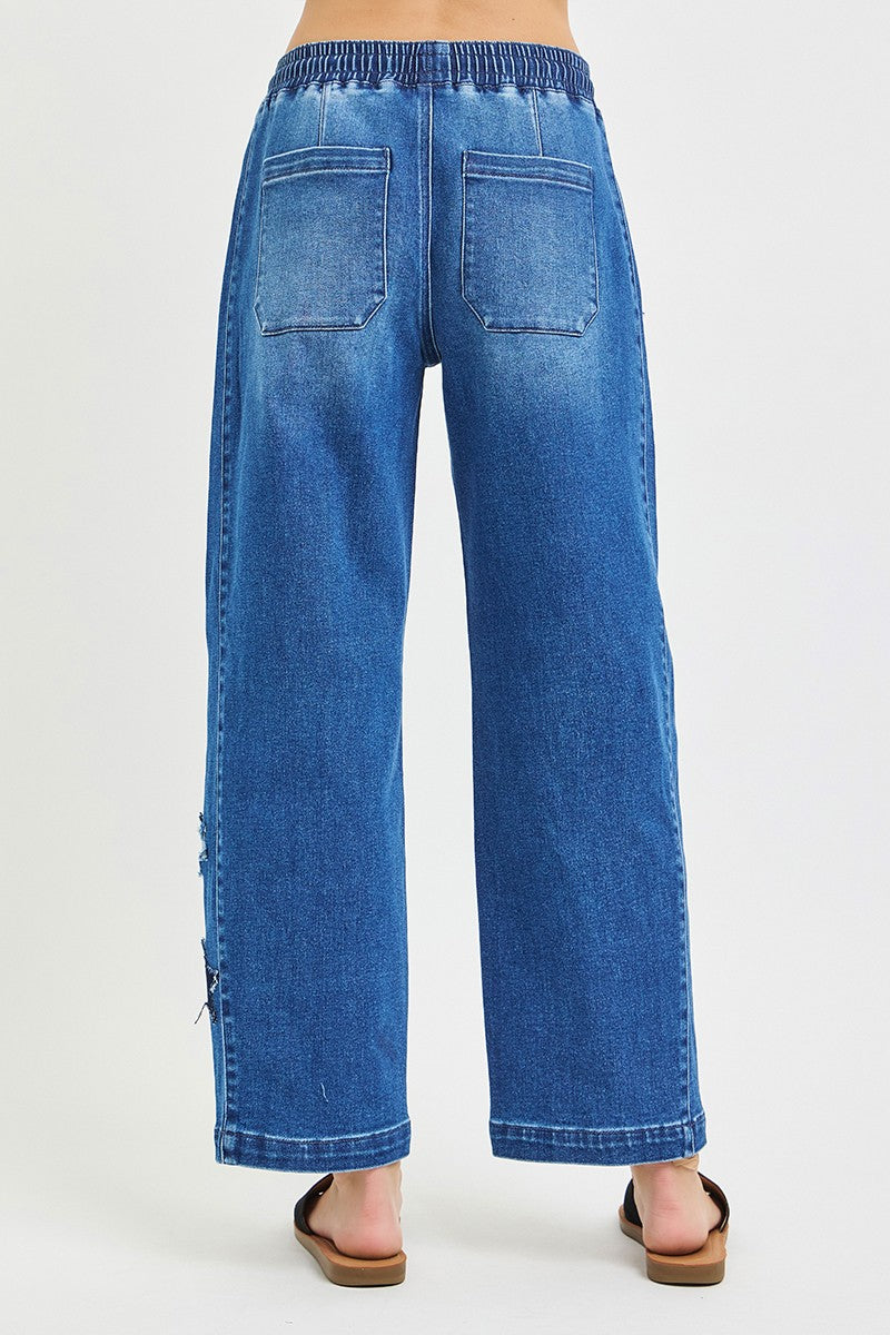RISEN elastic waist barrel jeans back view