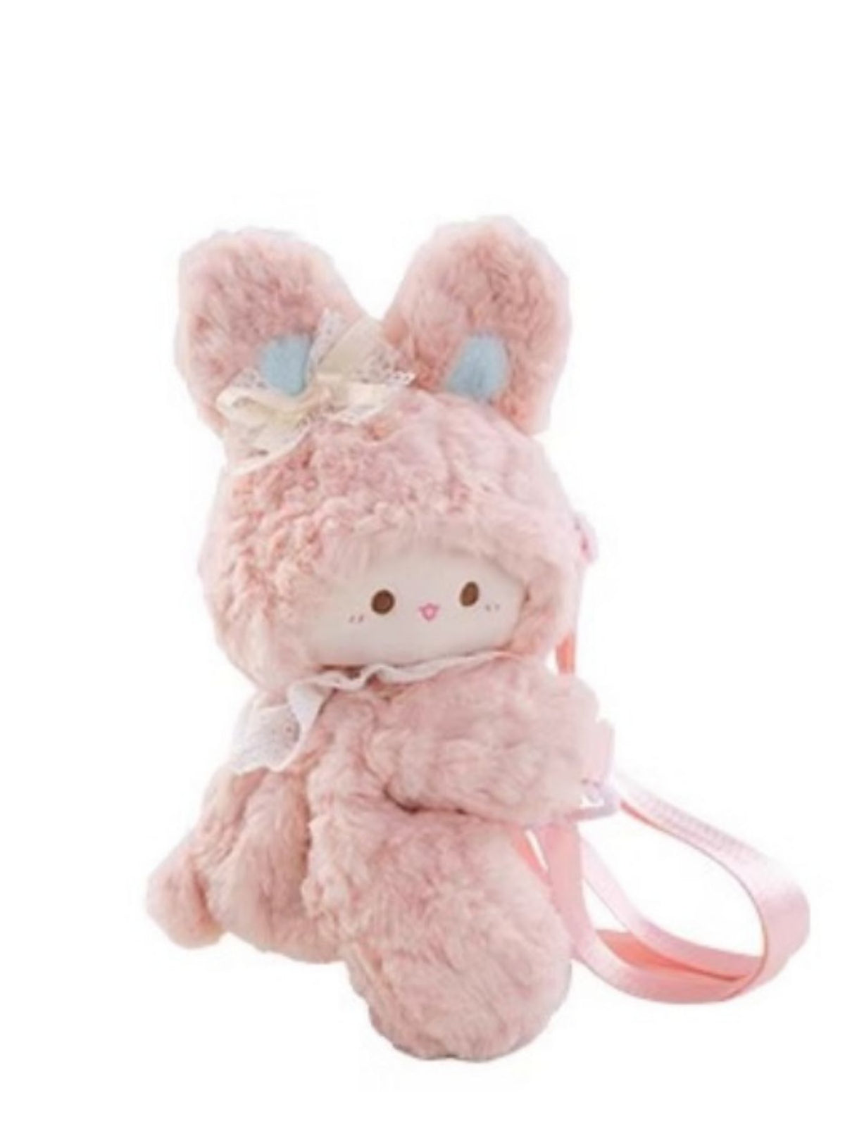 Blush pink plush bunny backpack worn on the shoulders