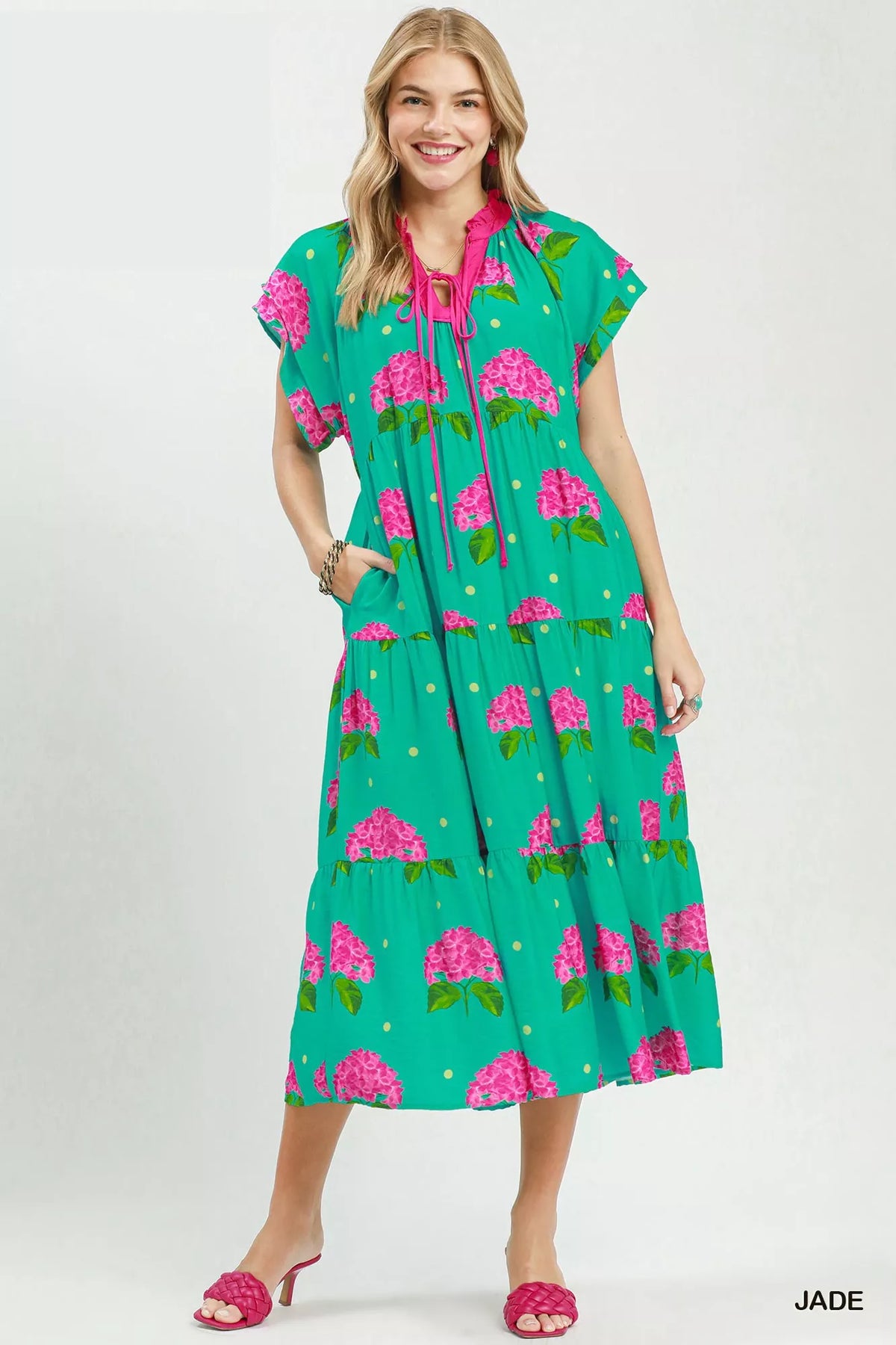 Hydrangea Print Tiered Midi Dress back view