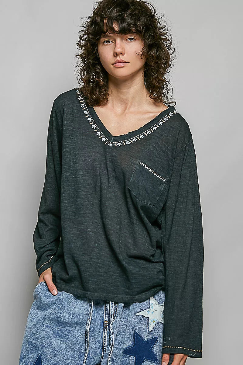 Long sleeve cotton top with chest pocket detail view