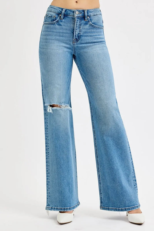 RISEN Full Size Distressed Wide Leg Jeans Plus Size Medium - Fashorio