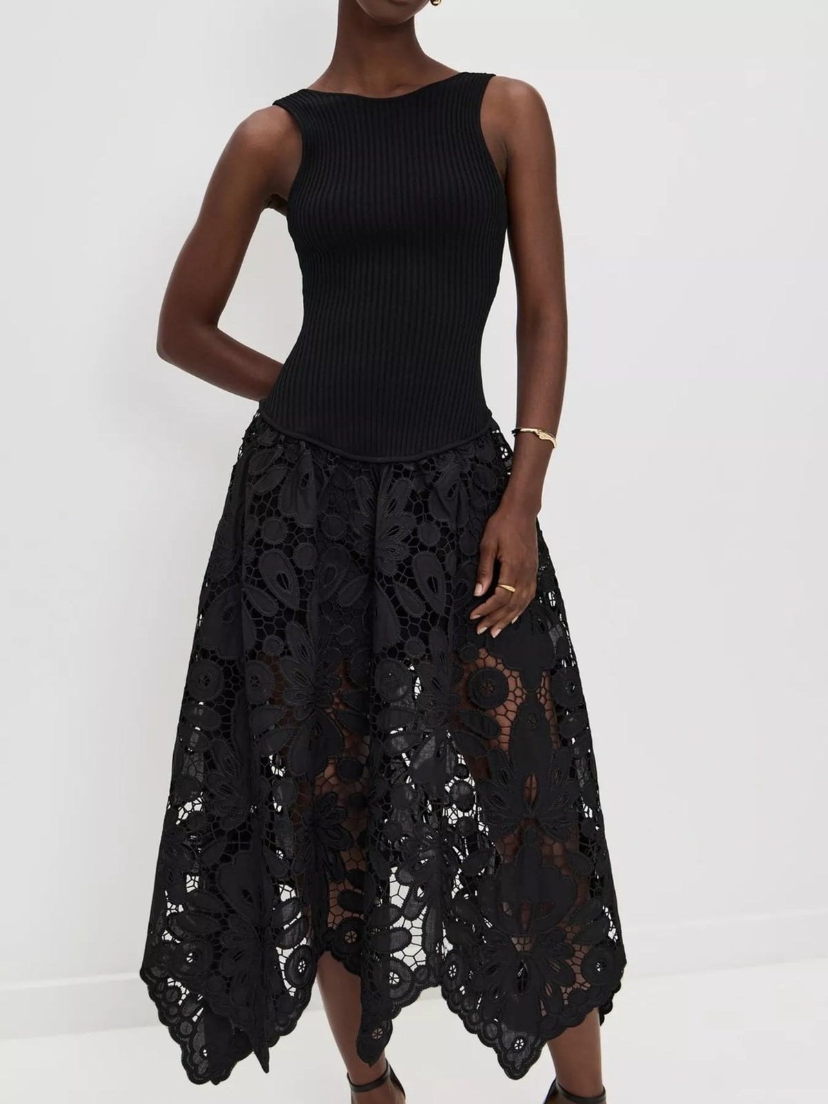 ribbed crochet sleeveless midi dress three quarter view