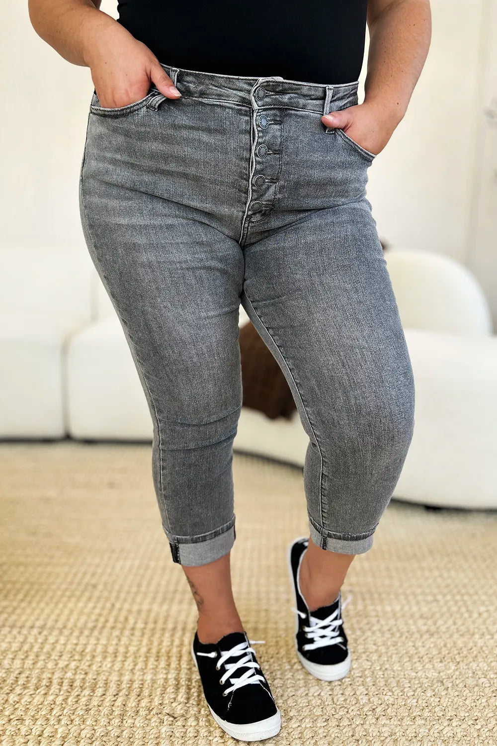 Judy Blue Full Size Button Fly High Waist Cuffed Capris - Fashorio