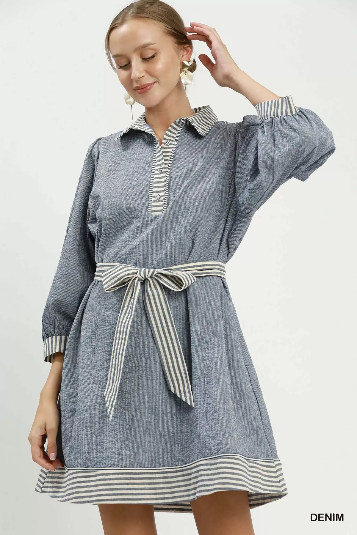 Umgee striped belted puff sleeve mini dress front view