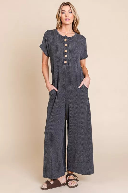 Rib Knit Jumpsuit with Button Detail