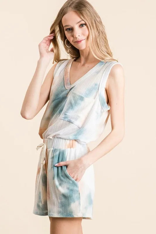 BiBi Tie Dye Textured Knit Top and Shorts Set - Fashorio