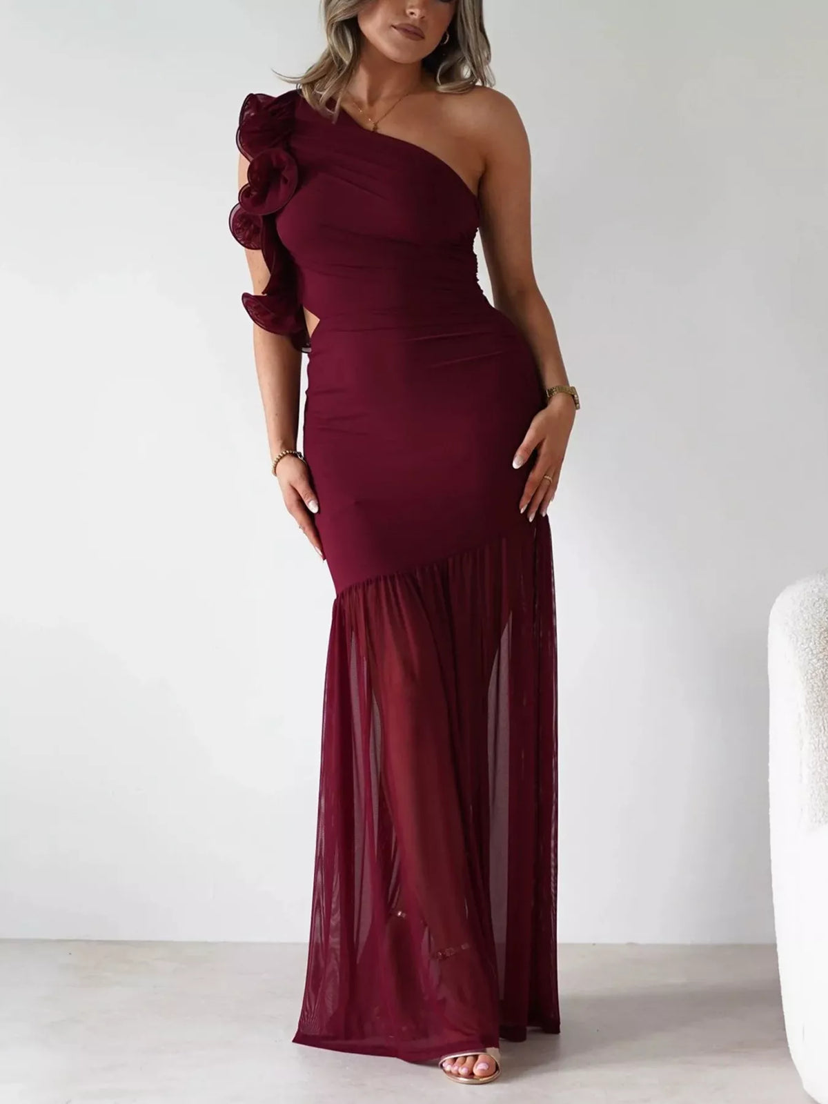one shoulder ruffle trim maxi dress front view